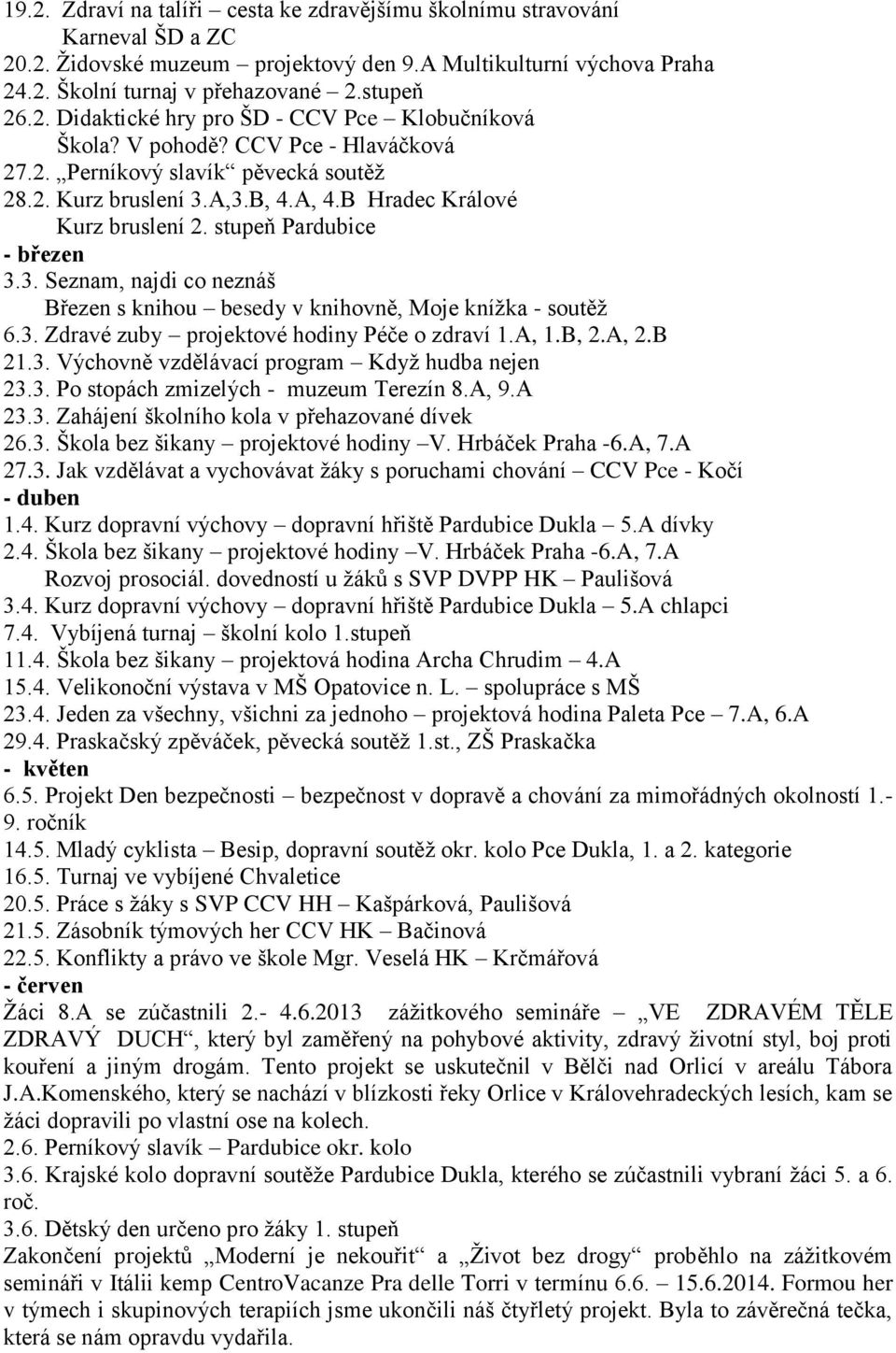 3. Zdravé zuby projektové hodiny Péče o zdraví 1.A, 1.B, 2.A, 2.B 21.3. Výchovně vzdělávací program Když hudba nejen 23.3. Po stopách zmizelých - muzeum Terezín 8.A, 9.A 23.3. Zahájení školního kola v přehazované dívek 26.