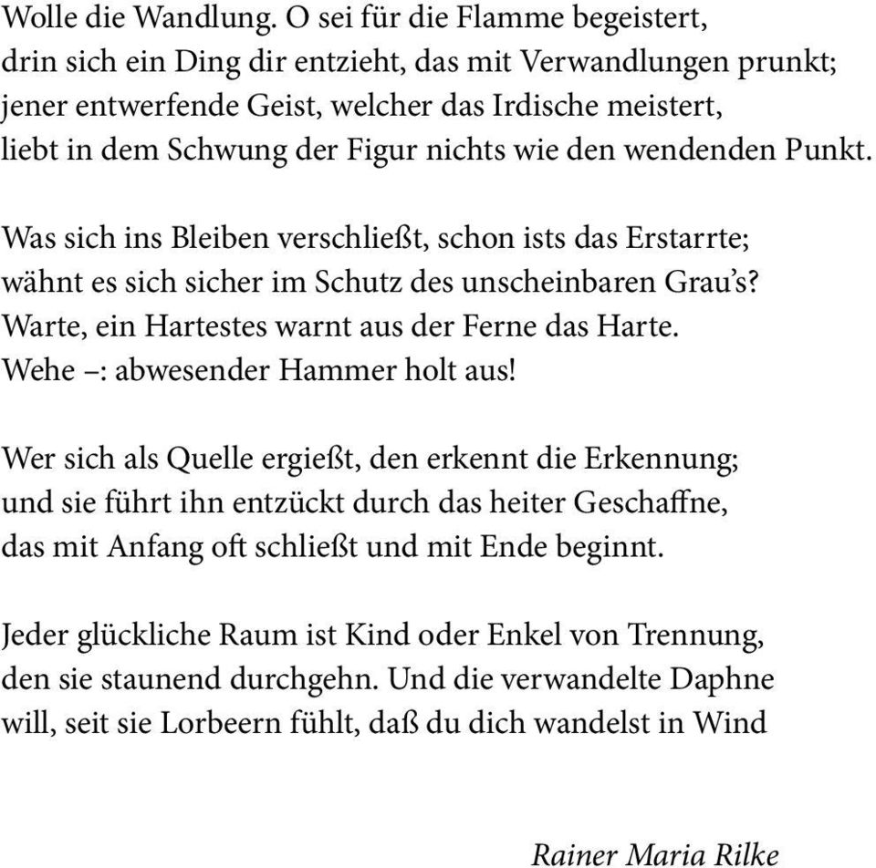 wendenden Punkt. Was sich ins Bleiben verschließt, schon ists das Erstarrte; wähnt es sich sicher im Schutz des unscheinbaren Grau s? Warte, ein Hartestes warnt aus der Ferne das Harte.