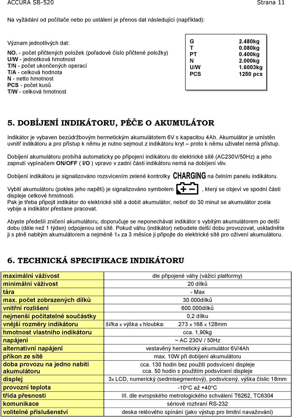 N U/W PCS 2.48kg.8kg.4kg 2.kg 1.63kg 125 pcs 5. DOBÍJENÍ INDIKÁOU, PÉČE O AKUMULÁO Indikátor je vybaven bezúdržbovým hermetickým akumulátotem 6V s kapacitou 4Ah.