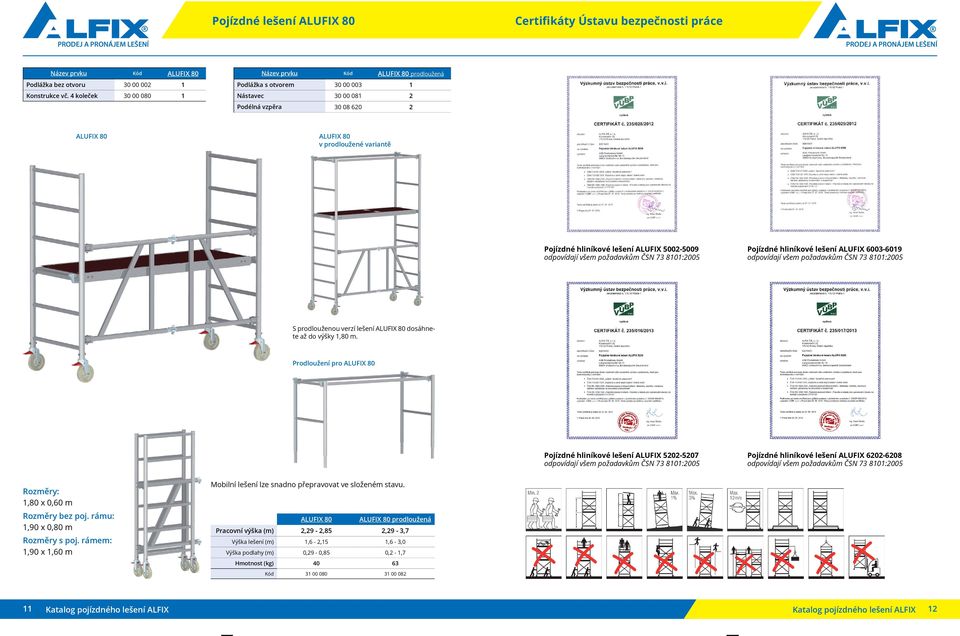 hliníkové lešení ALUFIX 5002-5009 odpovídají všem požadavkům ČSN 73 8101:2005 Pojízdné hliníkové lešení ALUFIX 6003-6019 odpovídají všem požadavkům ČSN 73 8101:2005 S prodlouženou verzí lešení ALUFIX