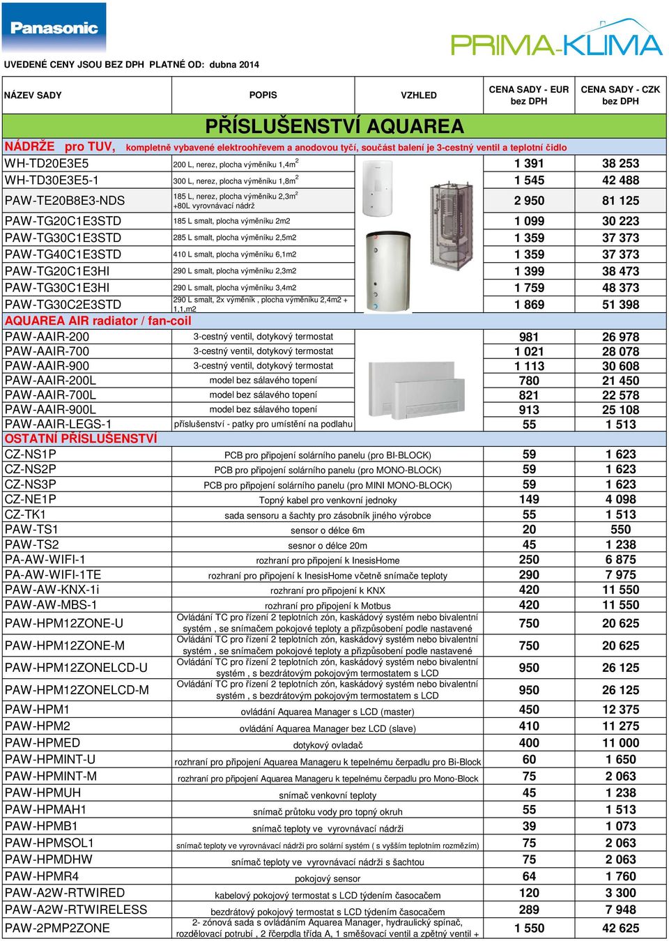 plocha výměníku 2m2 1 099 30 223 PAW-TG30C1E3STD 285 L smalt, plocha výměníku 2,5m2 1 359 37 373 PAW-TG40C1E3STD 410 L smalt, plocha výměníku 6,1m2 1 359 37 373 PAW-TG20C1E3HI 290 L smalt, plocha