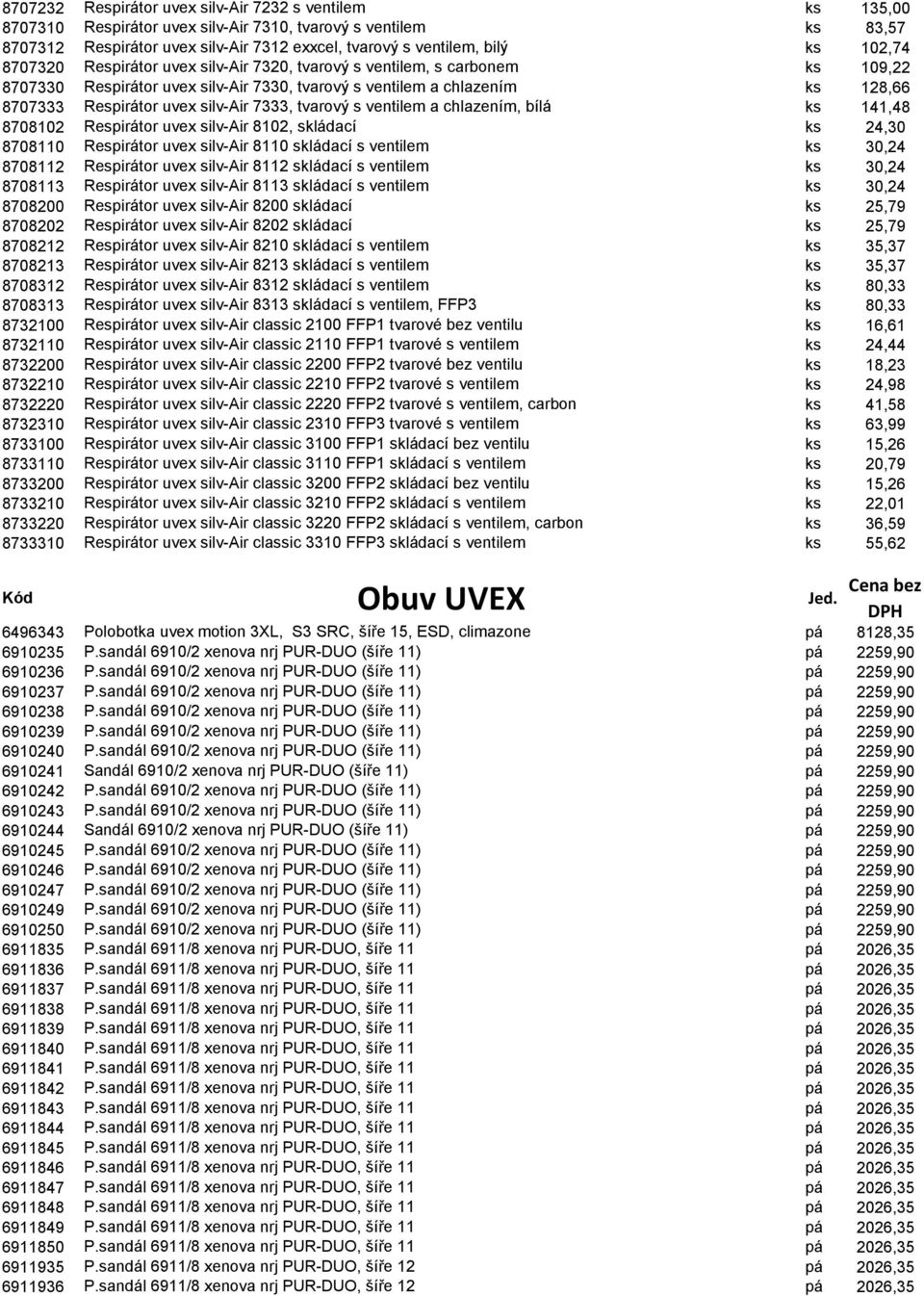 7333, tvarový s ventilem a chlazením, bílá ks 141,48 8708102 Respirátor uvex silv-air 8102, skládací ks 24,30 8708110 Respirátor uvex silv-air 8110 skládací s ventilem ks 30,24 8708112 Respirátor