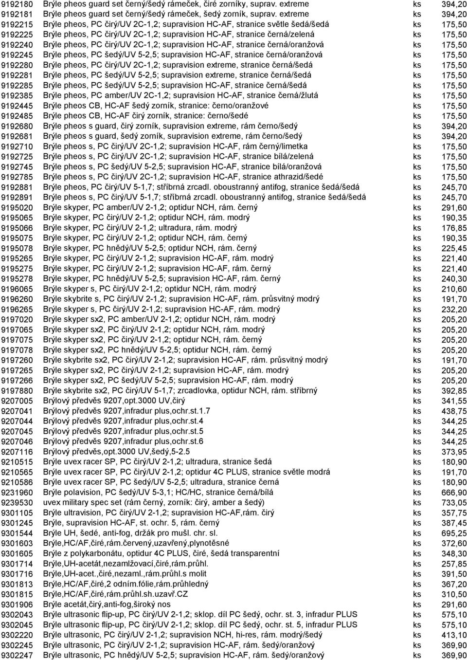 175,50 9192240 Brýle pheos, PC čirý/uv 2C-1,2; supravision HC-AF, stranice černá/oranžová ks 175,50 9192245 Brýle pheos, PC šedý/uv 5-2,5; supravision HC-AF, stranice černá/oranžová ks 175,50 9192280