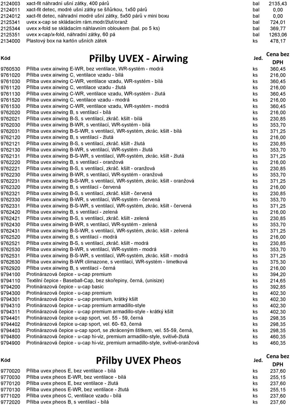 po 5 ks) bal 369,77 2125351 uvex x-cap/x-fold, náhradní zátky, 60 pá bal 1263,06 2134000 Plastový box na kartón ušních zátek ks 478,17 Kód Přilby UVEX - Airwing Jed.