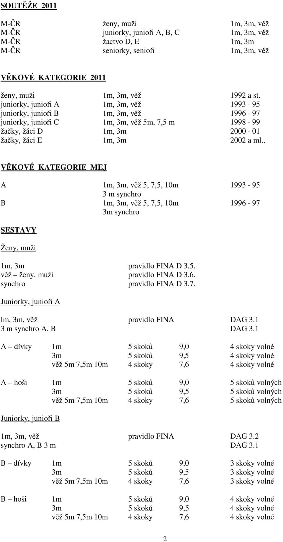 . VĚKOVÉ KATEGORIE MEJ A 1m, 3m, věž 5, 7,5, 10m 1993-95 3 m synchro B 1m, 3m, věž 5, 7,5, 10m 1996-97 3m synchro SESTAVY Ženy, muži 1m, 3m pravidlo FINA D 3.5. věž ženy, muži pravidlo FINA D 3.6. synchro pravidlo FINA D 3.