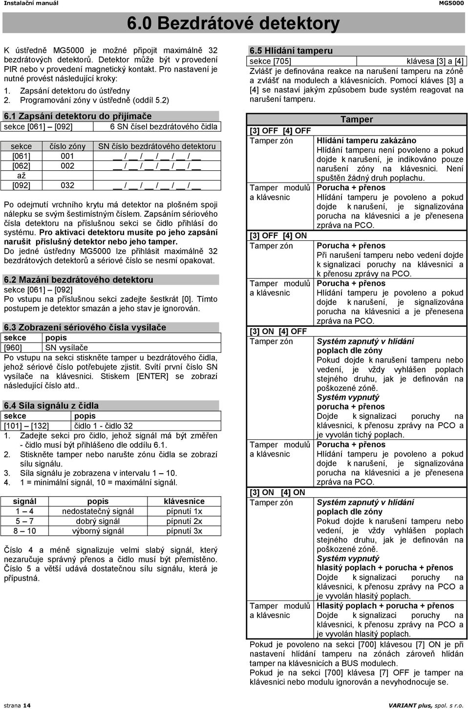 1 Zapsání detektoru do přijímače sekce [061] [092] 6 SN čísel bezdrátového čidla sekce číslo zóny SN číslo bezdrátového detektoru [061] 001 / / / / / [062] 002 / / / / / [092] 032 / / / / / Po