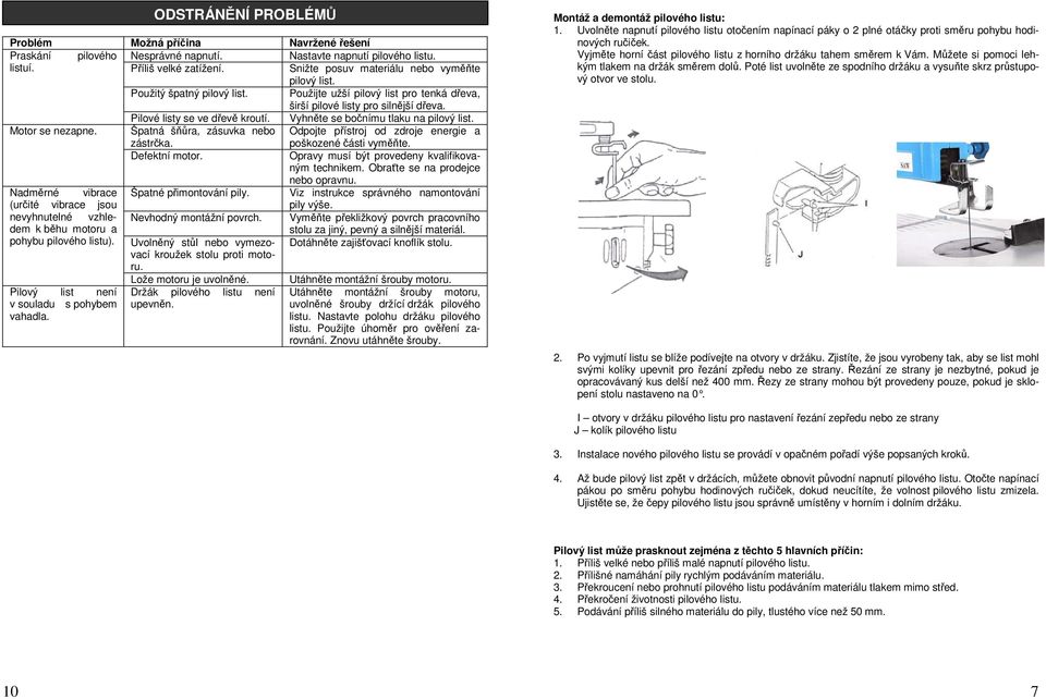 Vyhněte se bočnímu tlaku na pilový list. Motor se nezapne. Špatná šňůra, zásuvka nebo zástrčka. Odpojte přístroj od zdroje energie a poškozené části vyměňte. Defektní motor.