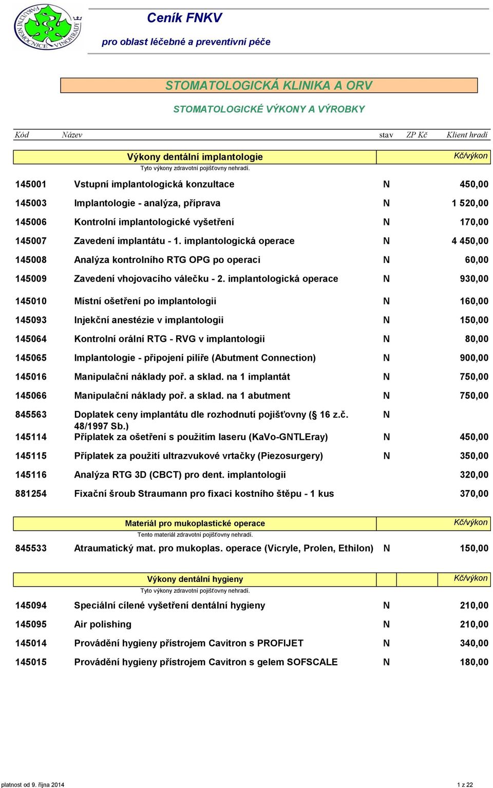 implantologická operace N 4 45 145008 Analýza kontrolního RTG OPG po operaci N 6 145009 Zavedení vhojovacího válečku - 2.