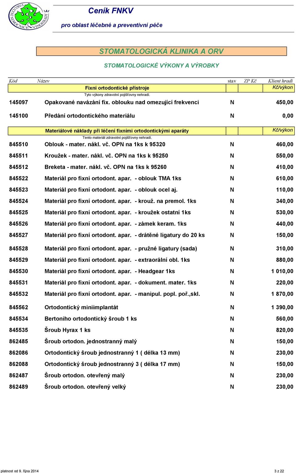 845510 Oblouk - mater. nákl. vč. OPN na 1ks k 95320 N 46 845511 Kroužek - mater. nákl. vč. OPN na 1ks k 95250 N 55 845512 Breketa - mater. nákl. vč. OPN na 1ks k 95260 N 41 845522 Materiál pro fixní ortodont.