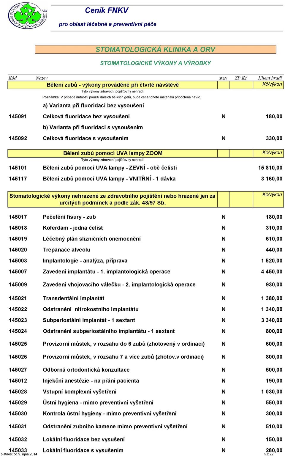 a) Varianta při fluoridaci bez vysoušení 145091 Celková fluoridace bez vysoušení N 18 b) Varianta při fluoridaci s vysoušením 145092 Celková fluoridace s vysoušením N 33 145101 145117 Bělení zubů