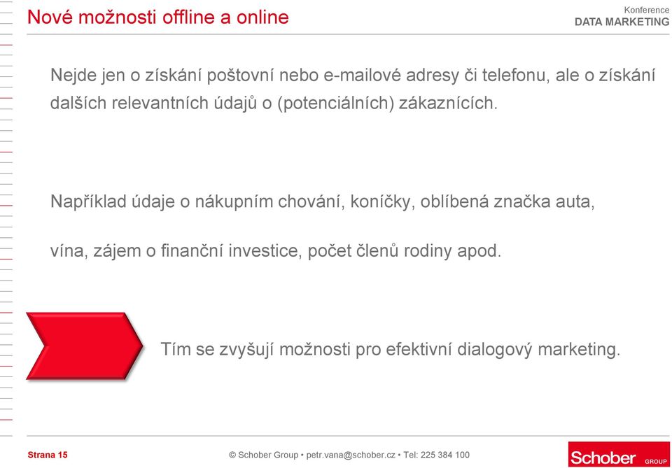 Například údaje o nákupním chování, koníčky, oblíbená značka auta, vína, zájem o finanční investice,