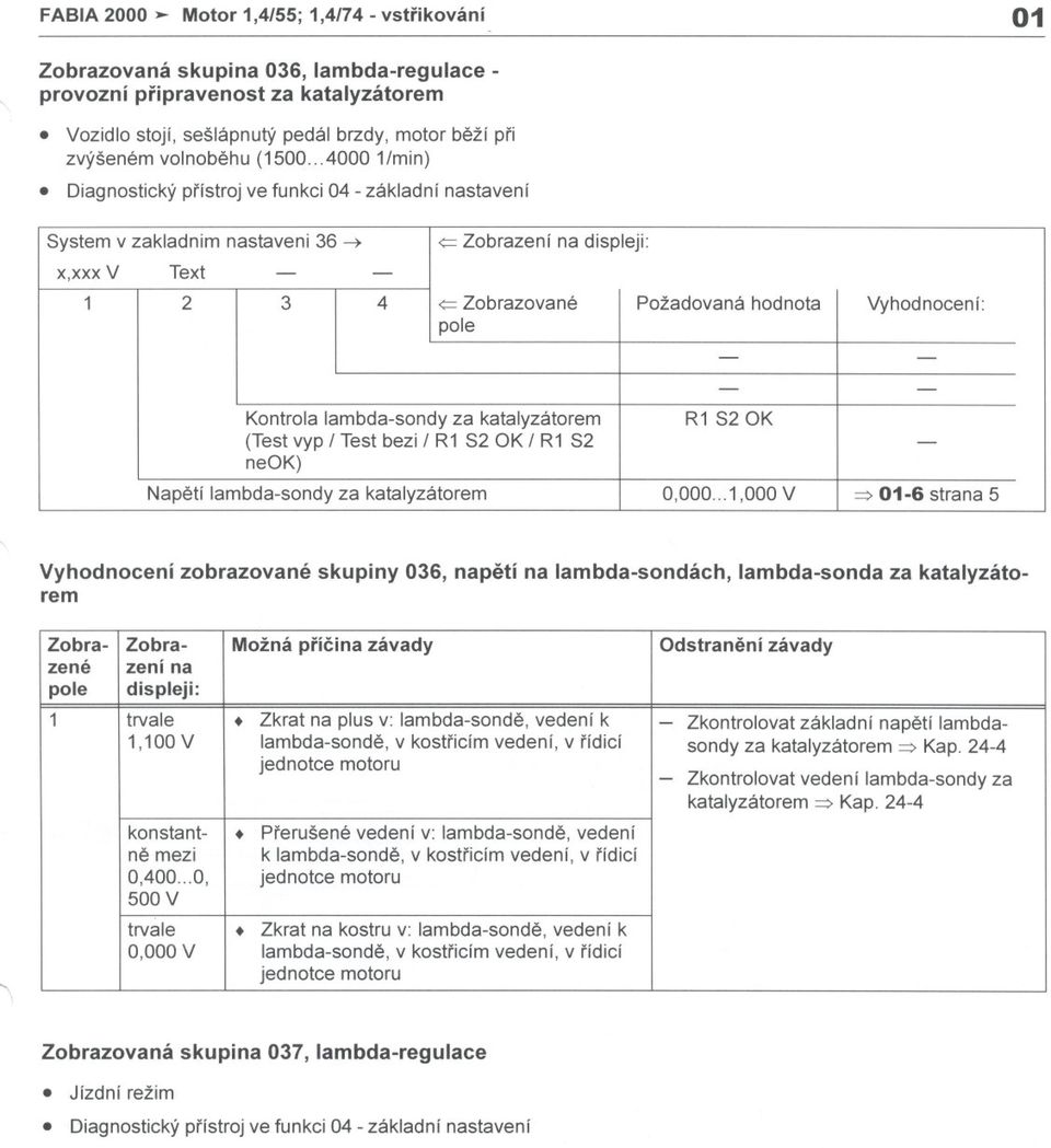 Diagnostický prístroj ve funkci 04 základní nastavení System v zakladnim nastaveni 36 X,xxxV Text 1 2 3 4 <=Zobrazované Požadovaná hodnota Vyhodnocení: Kontrola lambdasondy za katalyzátorem R1 S2 OK