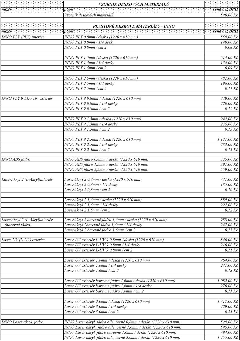 PLY 2,5mm / cm 2 614,00 Kč 154,00 Kč 0,09 Kč 782,00 Kč 196,00 Kč 0,11 Kč INNO PLY 9 ALU stř.