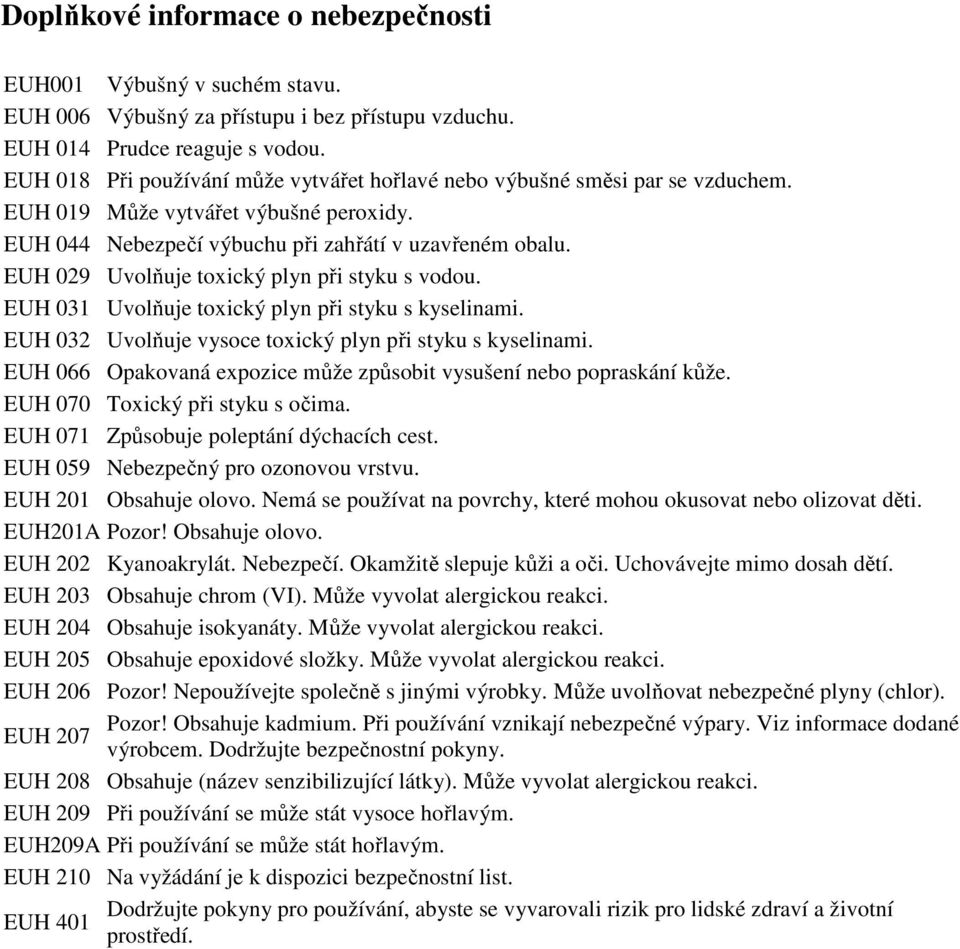 EUH 029 Uvolňuje toxický plyn při styku s vodou. EUH 031 Uvolňuje toxický plyn při styku s kyselinami. EUH 032 Uvolňuje vysoce toxický plyn při styku s kyselinami.