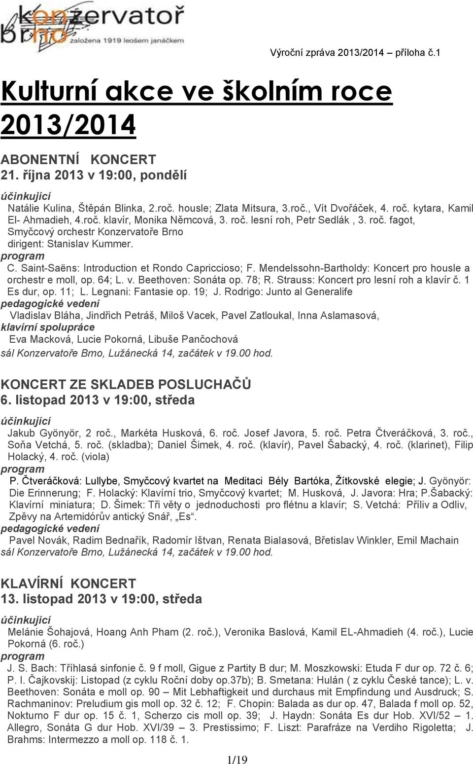 Saint-Saëns: Introduction et Rondo Capriccioso; F. Mendelssohn-Bartholdy: Koncert pro housle a orchestr e moll, op. 64; L. v. Beethoven: Sonáta op. 78; R. Strauss: Koncert pro lesní roh a klavír č.