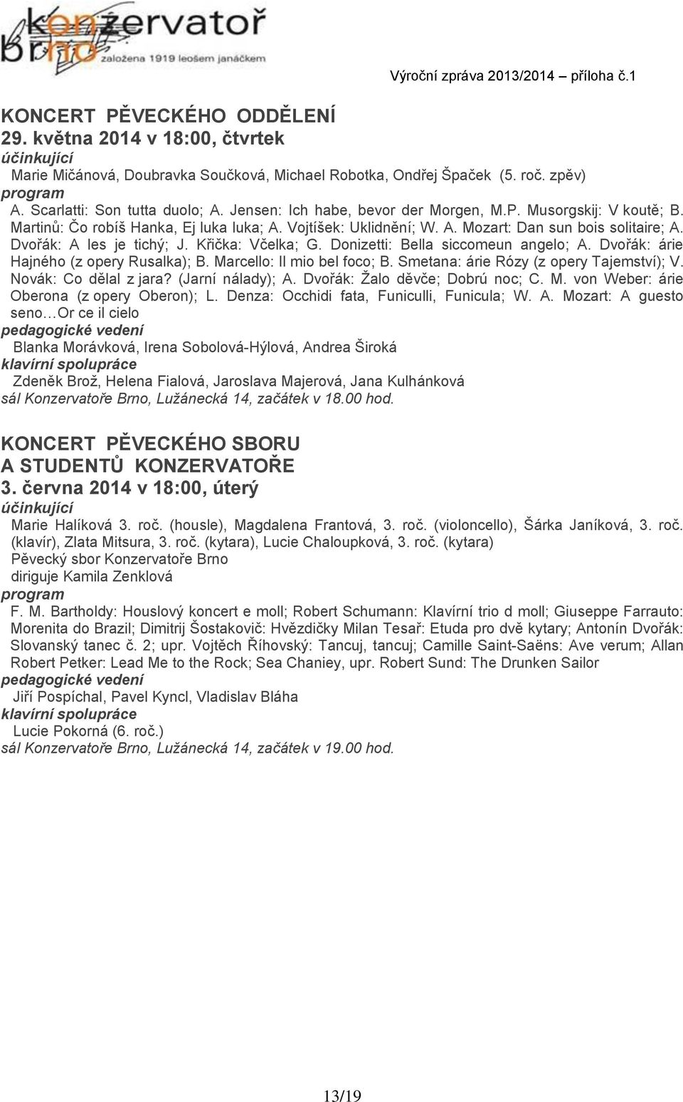 Křička: Včelka; G. Donizetti: Bella siccomeun angelo; A. Dvořák: árie Hajného (z opery Rusalka); B. Marcello: Il mio bel foco; B. Smetana: árie Rózy (z opery Tajemství); V. Novák: Co dělal z jara?