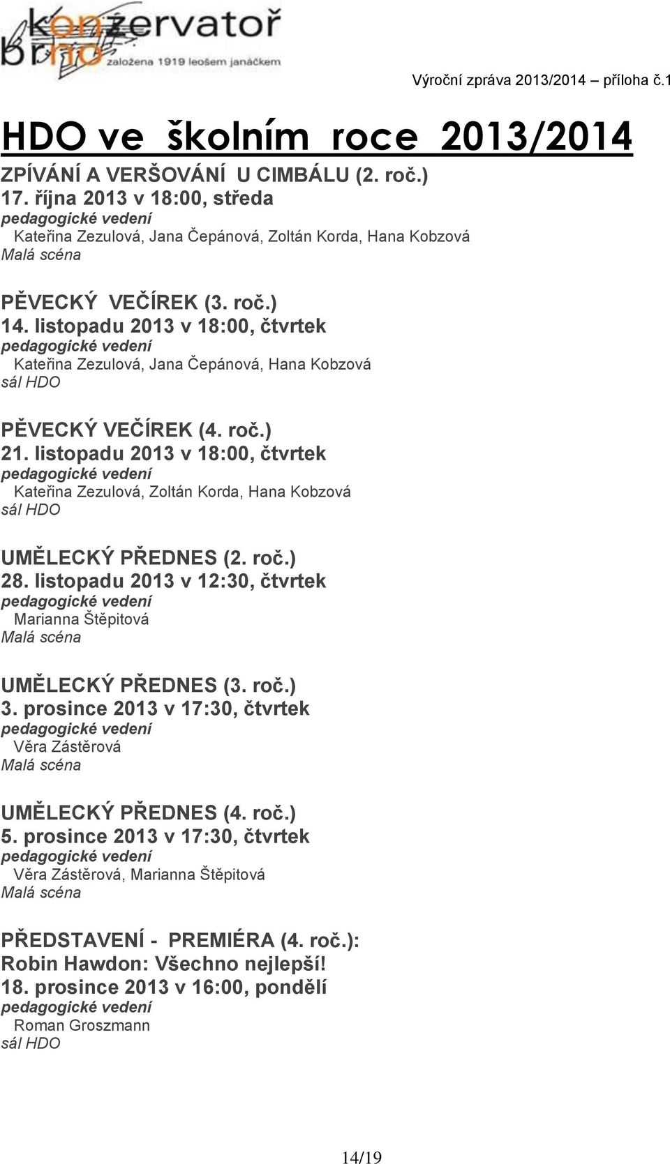 listopadu 2013 v 18:00, čtvrtek Kateřina Zezulová, Zoltán Korda, Hana Kobzová UMĚLECKÝ PŘEDNES (2. roč.) 28. listopadu 2013 v 12:30, čtvrtek Marianna Štěpitová Malá scéna UMĚLECKÝ PŘEDNES (3. roč.) 3.