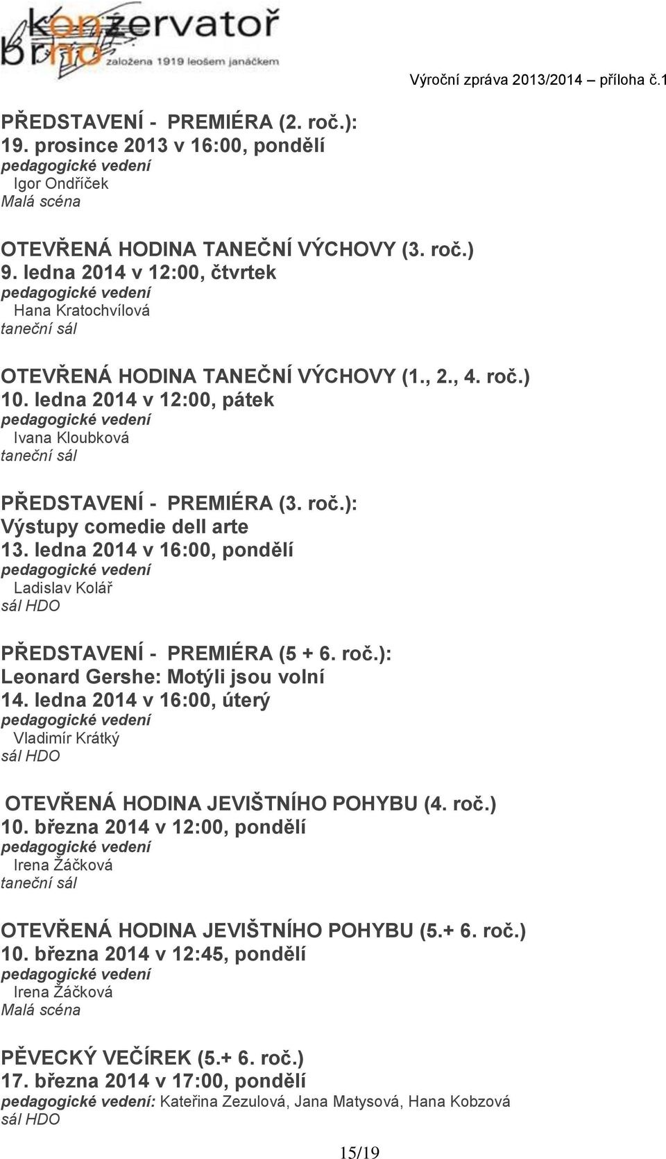 ledna 2014 v 16:00, pondělí Ladislav Kolář PŘEDSTAVENÍ - PREMIÉRA (5 + 6. roč.): Leonard Gershe: Motýli jsou volní 14. ledna 2014 v 16:00, úterý Vladimír Krátký OTEVŘENÁ HODINA JEVIŠTNÍHO POHYBU (4.