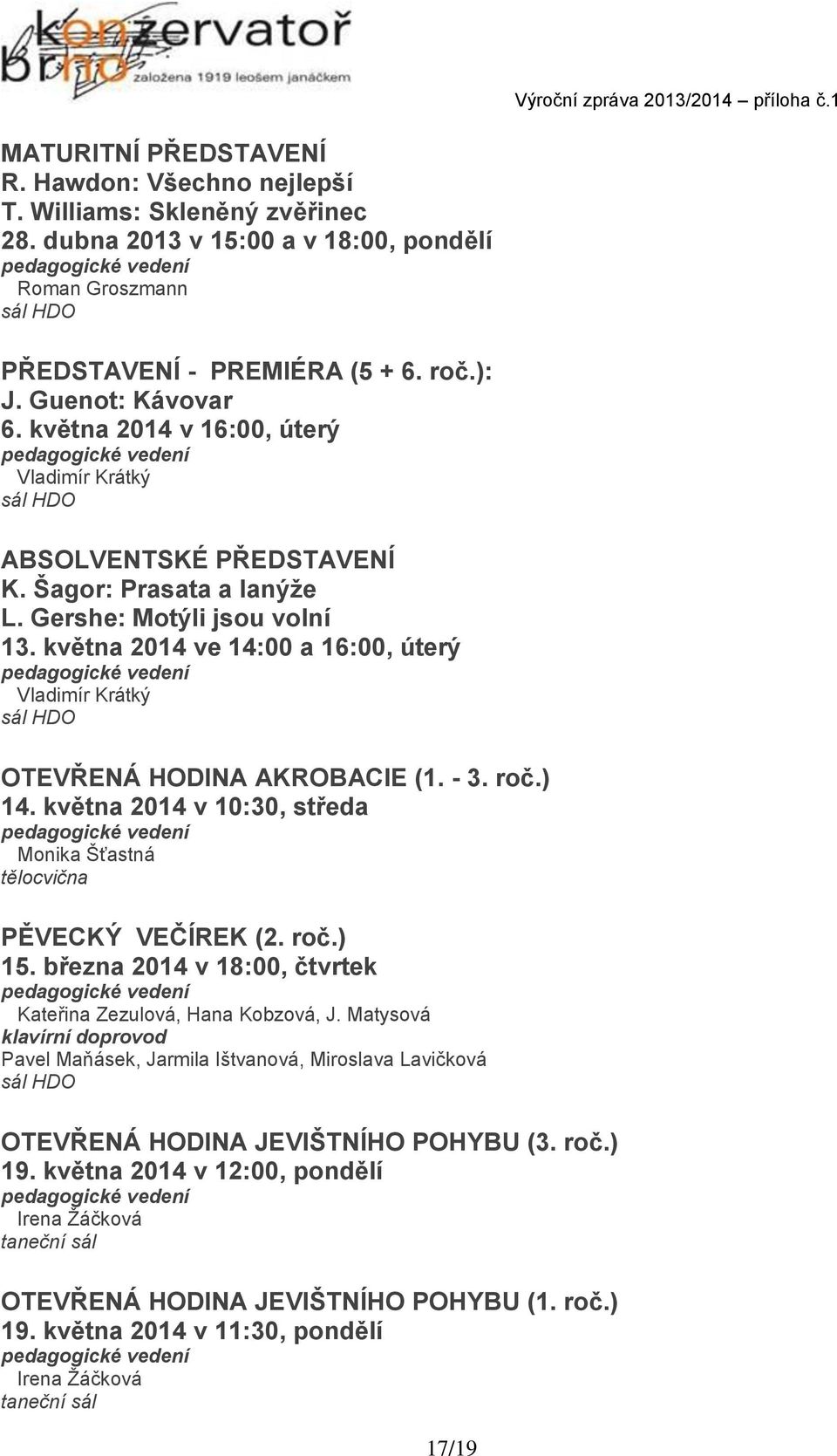 května 2014 ve 14:00 a 16:00, úterý Vladimír Krátký OTEVŘENÁ HODINA AKROBACIE (1. - 3. roč.) 14. května 2014 v 10:30, středa Monika Šťastná tělocvična PĚVECKÝ VEČÍREK (2. roč.) 15.