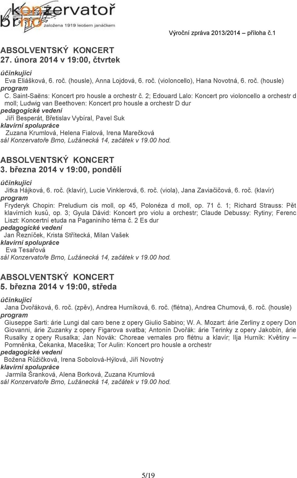 Irena Marečková 3. března 2014 v 19:00, pondělí Jitka Hájková, 6. roč. (klavír), Lucie Vinklerová, 6. roč. (viola), Jana Zaviačičová, 6. roč. (klavír) Fryderyk Chopin: Preludium cis moll, op 45, Polonéza d moll, op.