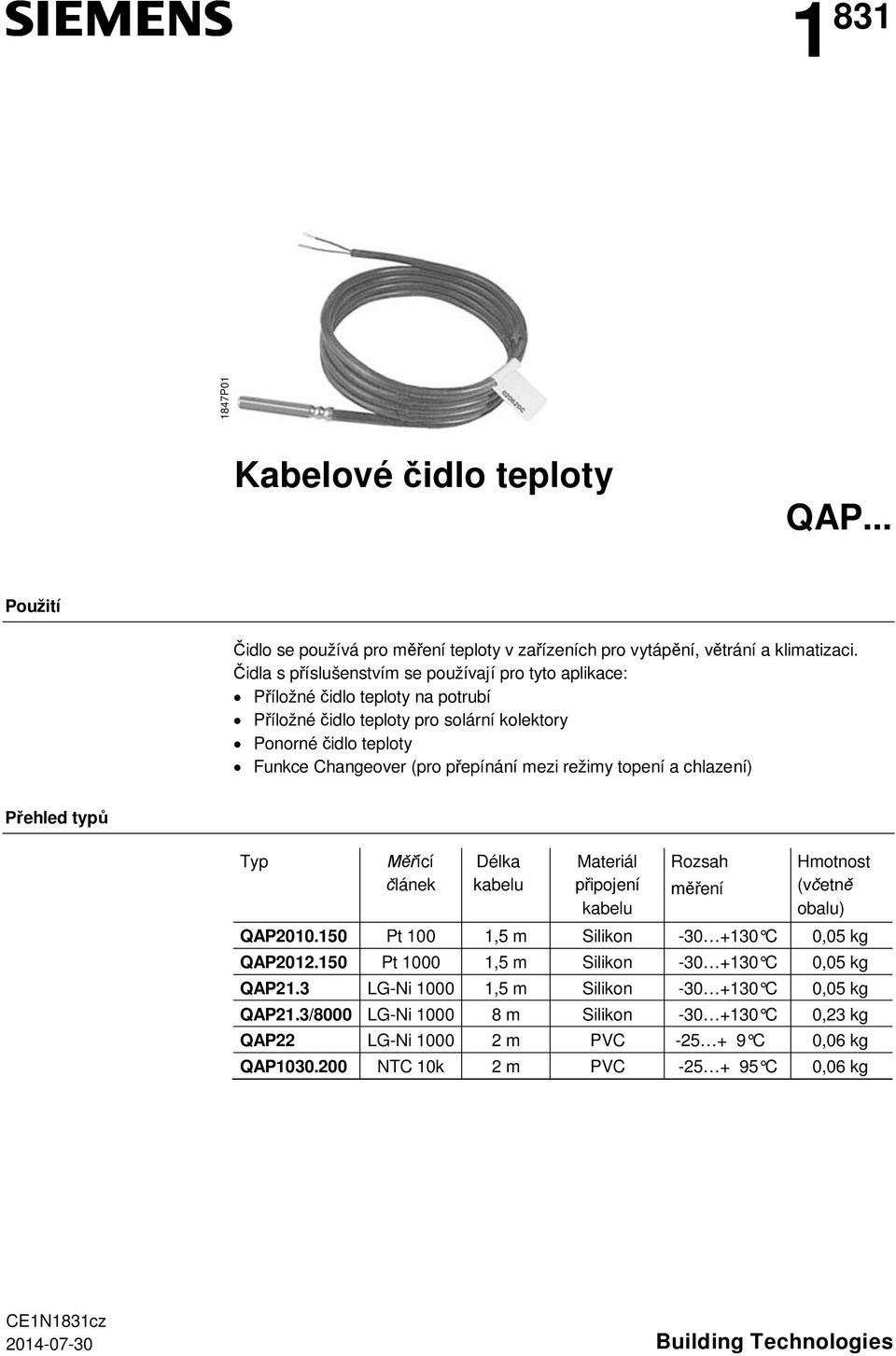 režimy topení a chlazení) Přehled typů Typ Měřící článek Délka kabelu Materiál připojení kabelu Rozsah měření Hmotnost (včetně obalu) QAP2010.150 Pt 100 1,5 m Silikon -30 +130 C 0,05 kg QAP2012.