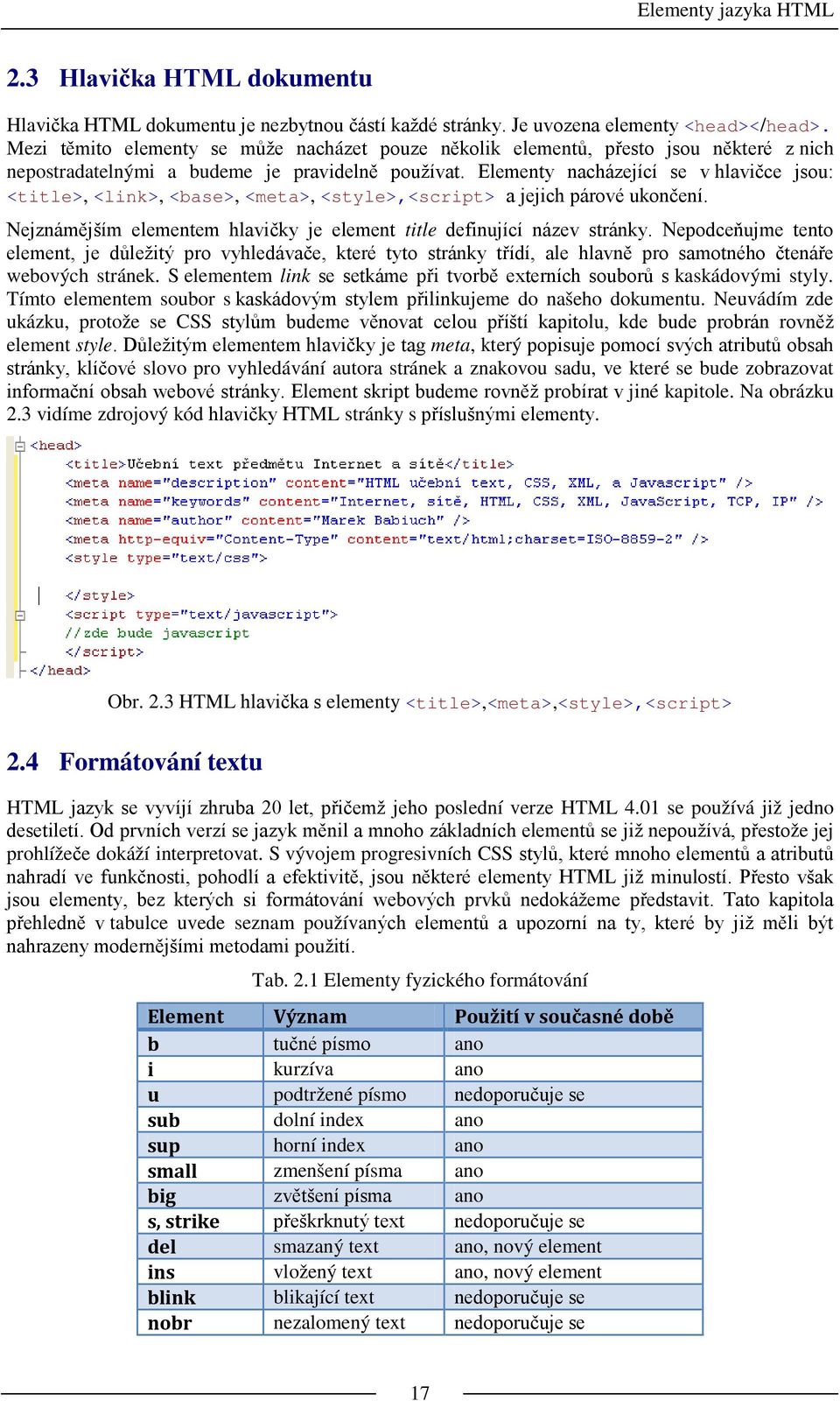 Elementy nacházející se v hlavičce jsou: <title>, <link>, <base>, <meta>, <style>,<script> a jejich párové ukončení. Nejznámějším elementem hlavičky je element title definující název stránky.