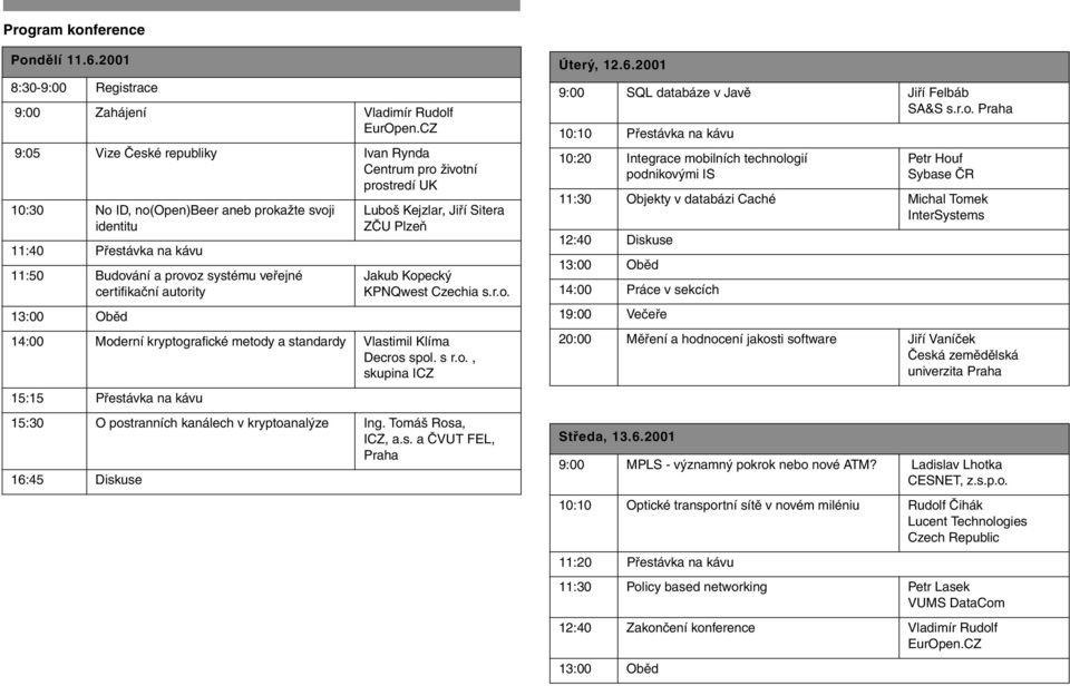 certifikační autority 13:00 Oběd Luboš Kejzlar, Jiří Sitera ZČU Plzeň Jakub Kopecký KPNQwest Czechia s.r.o. 14:00 Moderní kryptografické metody a standardy Vlastimil Klíma Decros spol. s r.o., skupina ICZ 15:15 Přestávka na kávu 15:30 O postranních kanálech v kryptoanalýze Ing.