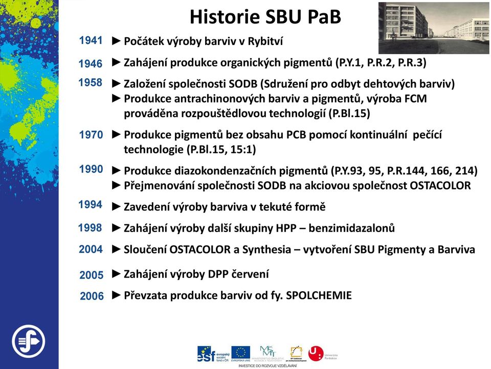 2, P.R.3) Založení společnosti SODB (Sdružení pro odbyt dehtových barviv) Produkce antrachinonových barviv a pigmentů, výroba FCM prováděna rozpouštědlovou technologií (P.Bl.