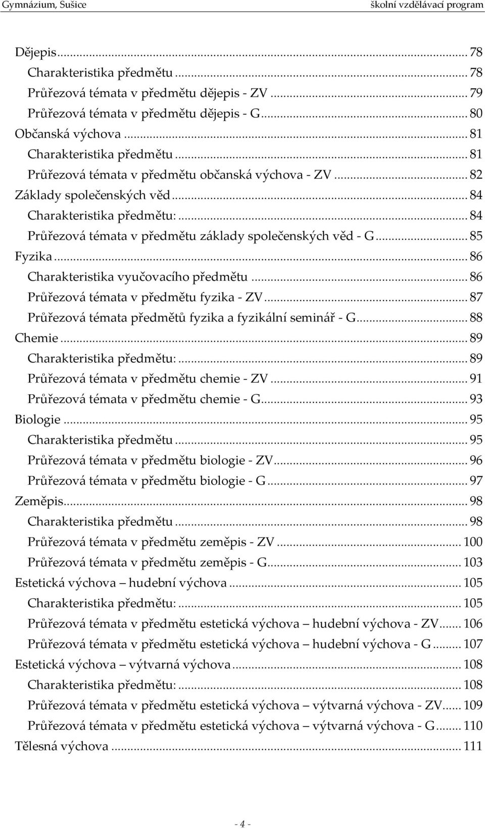 .. 86 Charakteristika vyučovacího předmětu... 86 Průřezová témata v předmětu fyzika - ZV... 87 Průřezová témata předmětů fyzika a fyzikální seminář - G... 88 Chemie... 89 Charakteristika předmětu:.