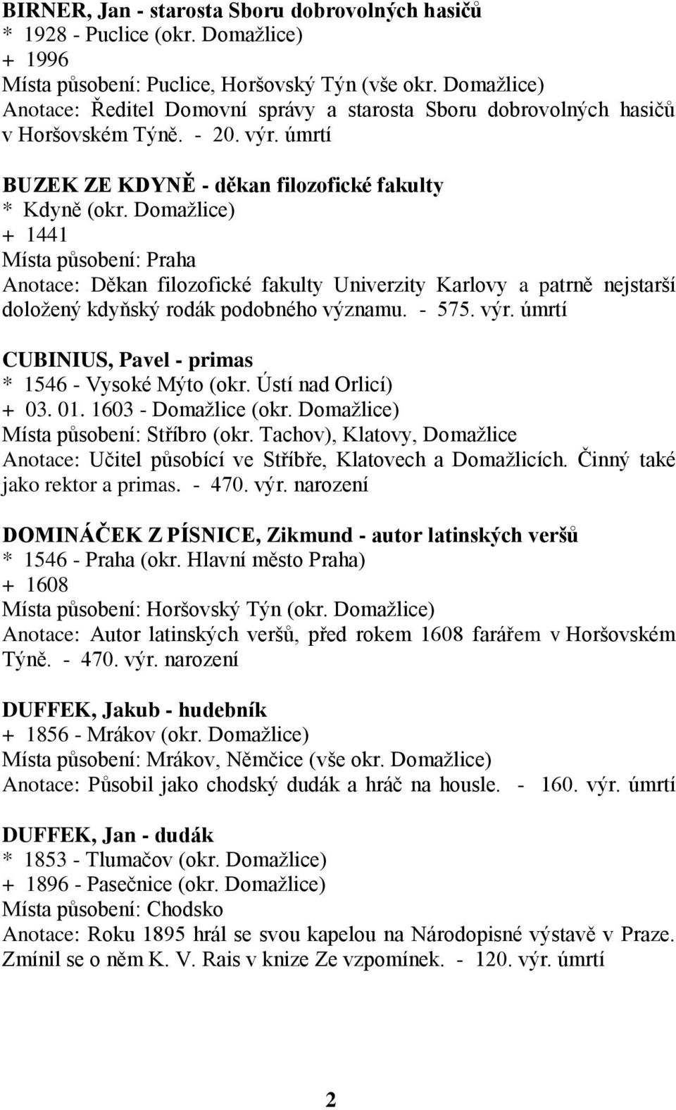 Domažlice) + 1441 Místa působení: Praha Anotace: Děkan filozofické fakulty Univerzity Karlovy a patrně nejstarší doložený kdyňský rodák podobného významu. - 575. výr.