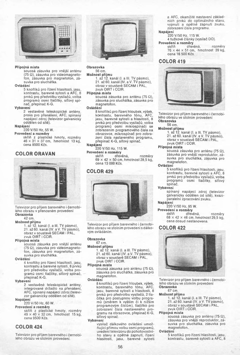 2 vestavěné teleskopické antény, prolis pro přenášení, AFC, spínaný napájecí zdroj (televizor galvanicky oddělen od sítě). 220 V/50 Hz, 55 W.