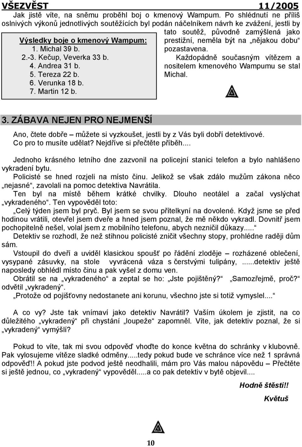 Andrea 31 b. 5. Tereza 22 b. 6. Verunka 18 b. 7. Martin 12 b. tato soutěž, původně zamýšlená jako prestižní, neměla být na nějakou dobu pozastavena.