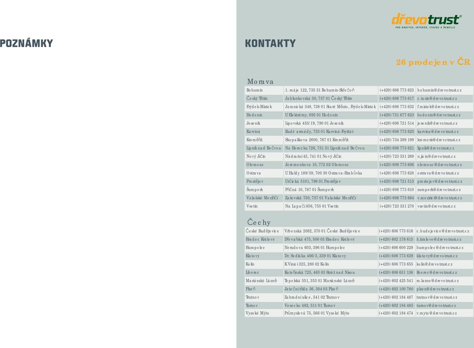 cz Jeseník Lipovská 453/19, 790 01 Jeseník (+420) 606 721 514 jesenik@drevotrust.cz Karviná Rudé armády, 733 01 Karviná-Fryštát (+420) 606 773 625 karvina@drevotrust.