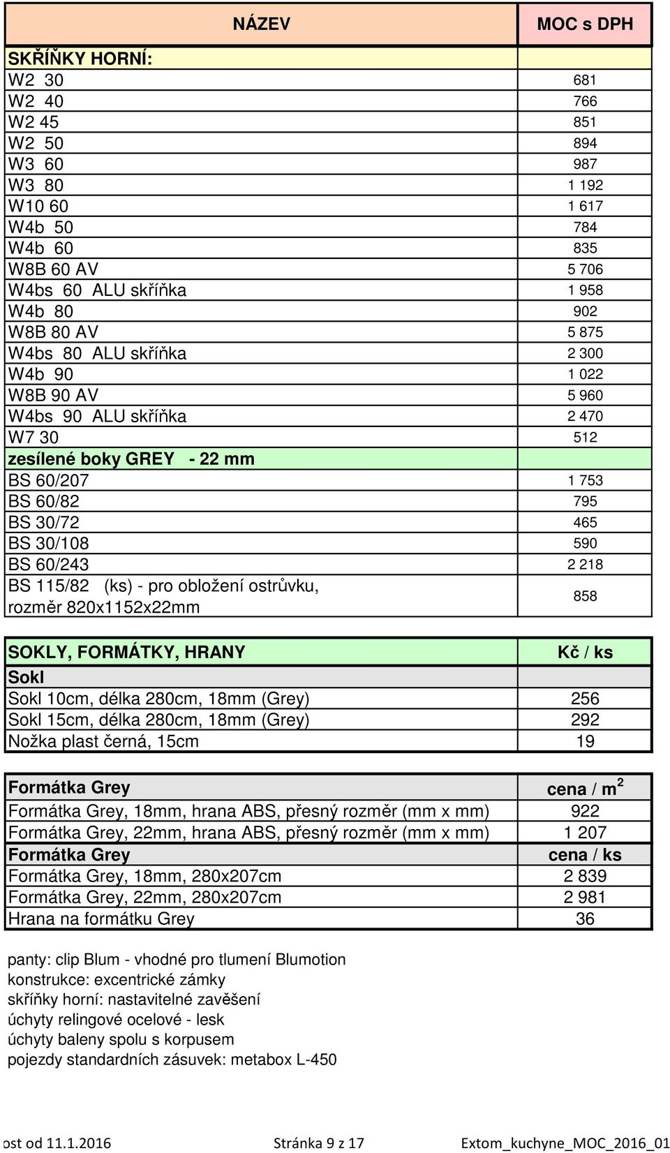 obložení ostrůvku, rozměr 820x1152x22mm 858 SOKLY, FORMÁTKY, HRANY Kč / ks Sokl Sokl 10cm, délka 280cm, 18mm (Grey) 256 Sokl 15cm, délka 280cm, 18mm (Grey) 292 Nožka plast černá, 15cm 19 Formátka