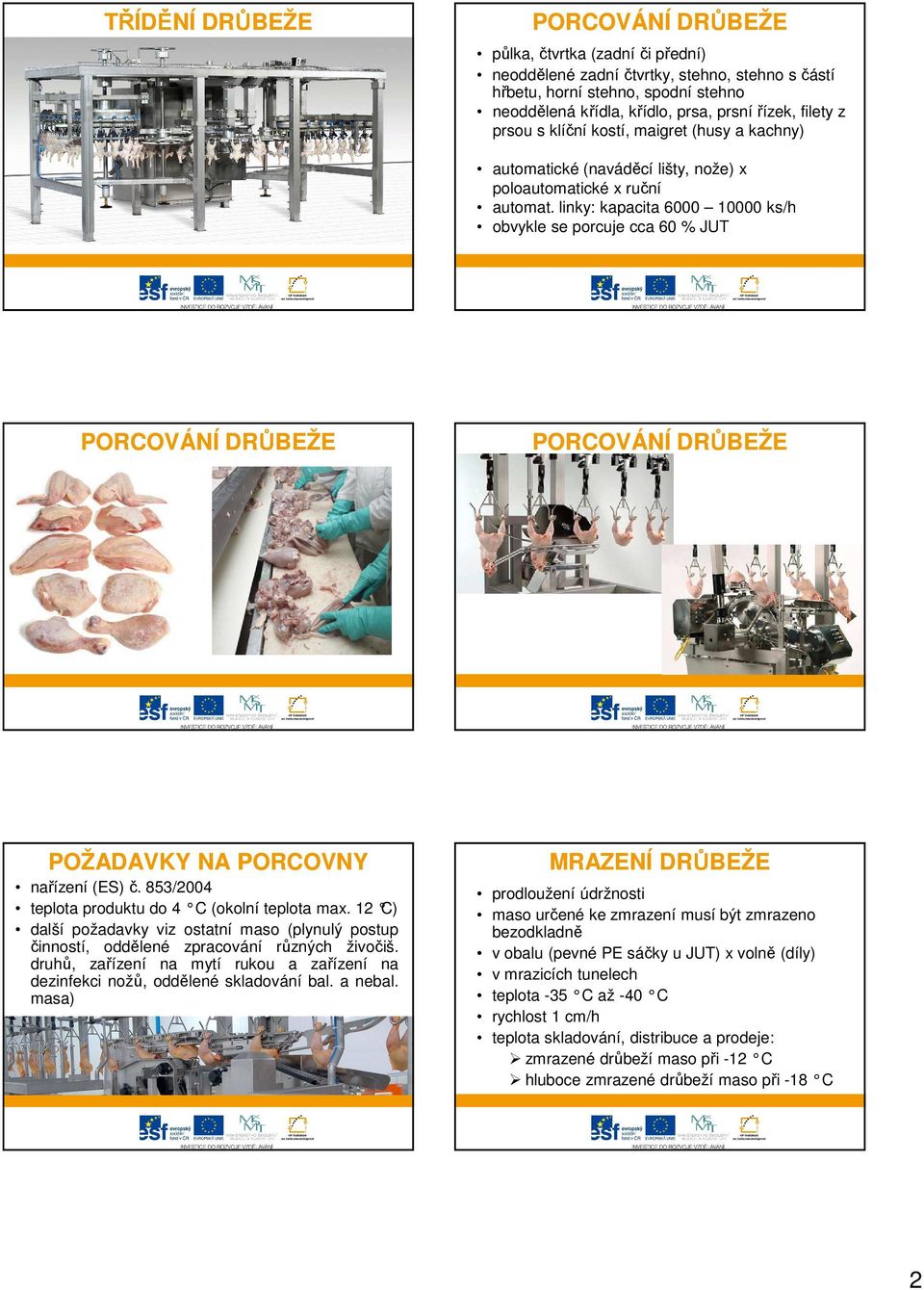 853/2004 teplota produktu do 4 C (okolní teplota max. 12 C) další požadavky viz ostatní maso (plynulý postup činností, oddělené zpracování různých živočiš.