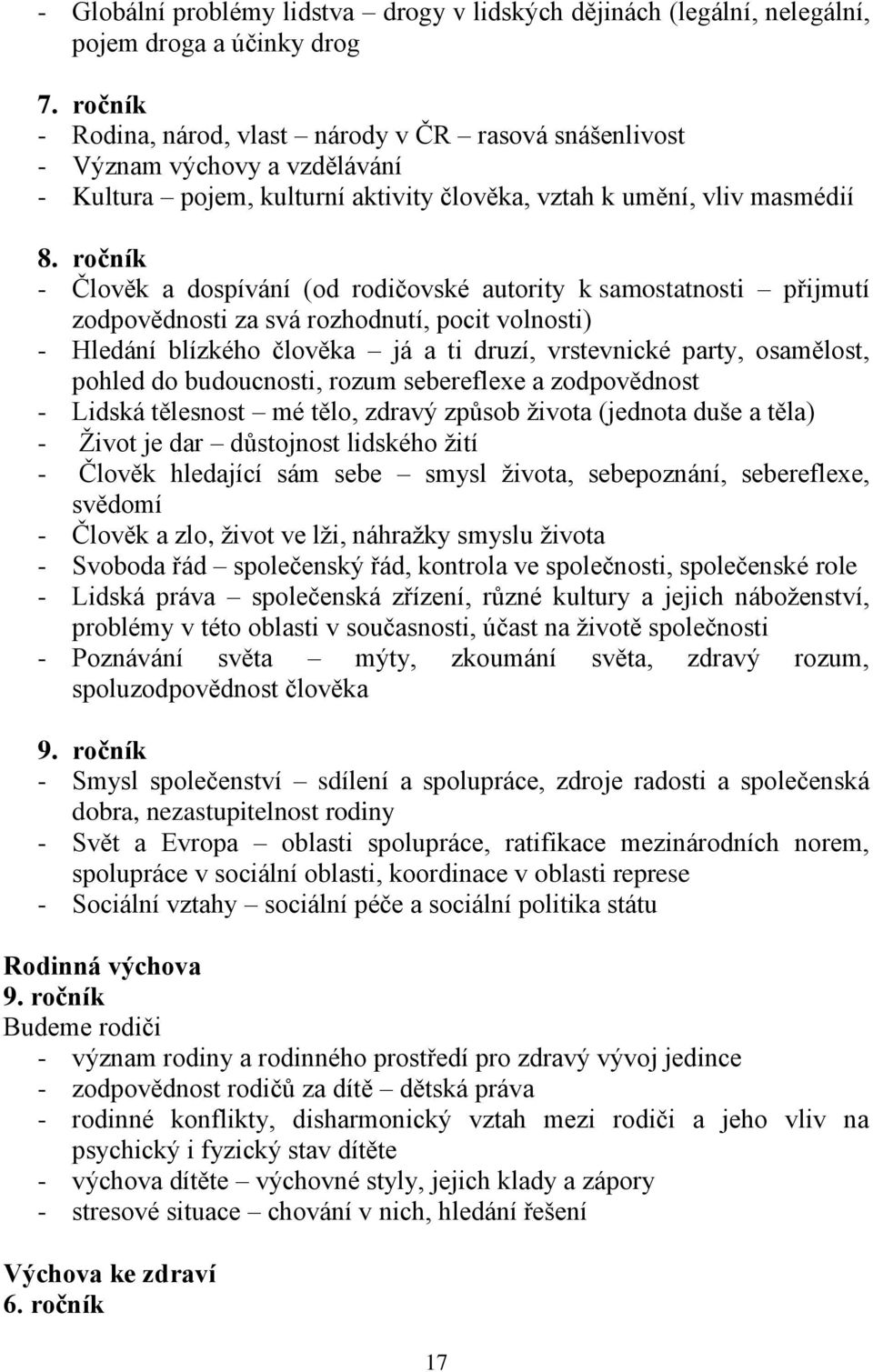 ročník - Člověk a dospívání (od rodičovské autority k samostatnosti přijmutí zodpovědnosti za svá rozhodnutí, pocit volnosti) - Hledání blízkého člověka já a ti druzí, vrstevnické party, osamělost,