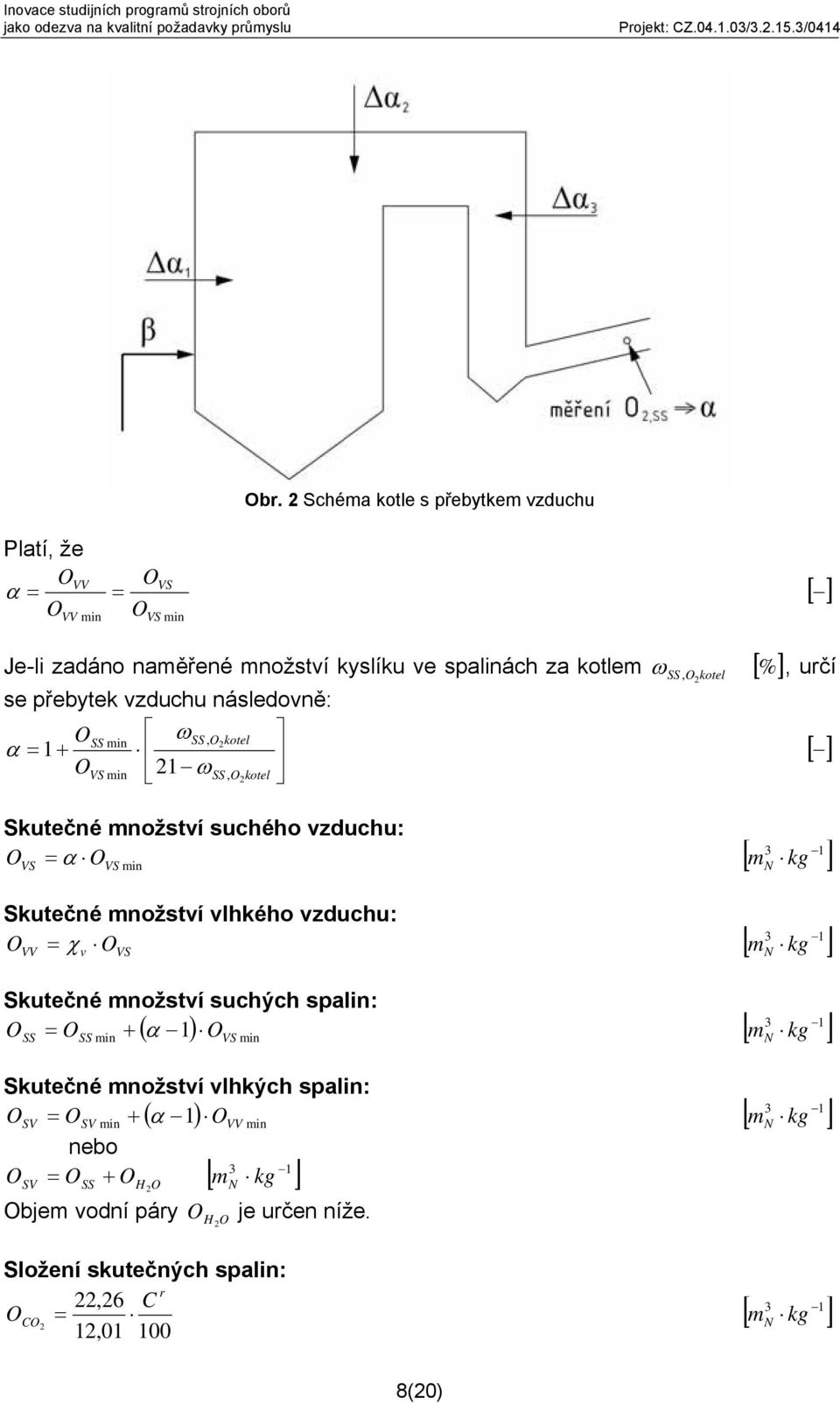 SS, O2kotel = 1+ OVS min 21 ωss, O2kotel ω [ ] SS, O2kotel %, učí α [ ] Skutečné množství suchého vzduchu: O 3 1 = α [ kg ] VS O VS min m N Skutečné množství vlhkého vzduchu: O = χ O VV v