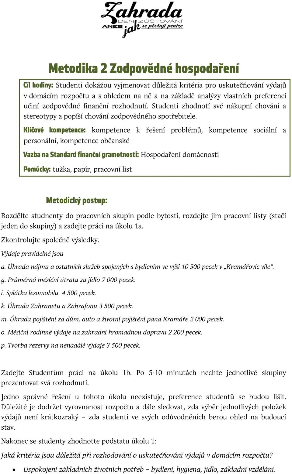 Klíčové kompetence: kompetence k řešení problémů, kompetence sociální a personální, kompetence občanské Vazba na Standard finanční gramotnosti: Hospodaření domácnosti Pomůcky: tužka, papír, pracovní