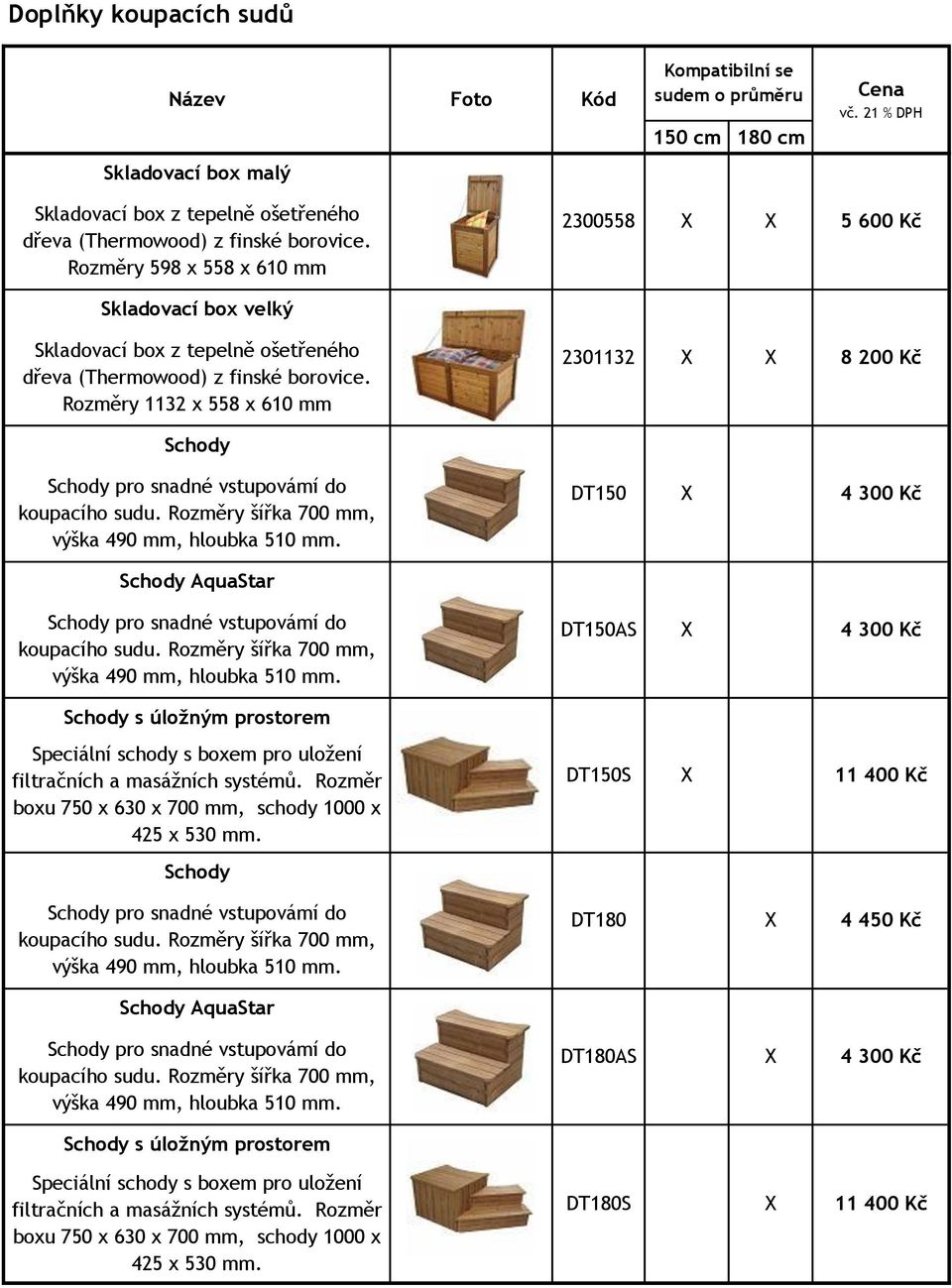 Rozměry 1132 x 558 x 610 mm 2301132 8 200 Kč Schody Schody pro snadné vstupovámí do koupacího sudu. Rozměry šířka 700 mm, výška 490 mm, hloubka 510 mm.