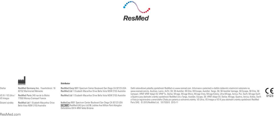 Diego CA 92123 USA ResMed Ltd 1 Elizabeth Macarthur Drive Bella Vista NSW 2153 Austrálie ResMed Ltd 1 Elizabeth Macarthur Drive Bella Vista NSW 2153 Austrálie ResMed Corp 9001 Spectrum Center