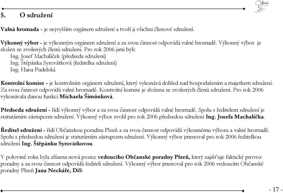 Hana Pudelská Kontrolní komise - je kontrolním orgánem sdružení, který vykonává dohled nad hospodařením a majetkem sdružení. Za svou činnost odpovídá valné hromadě.