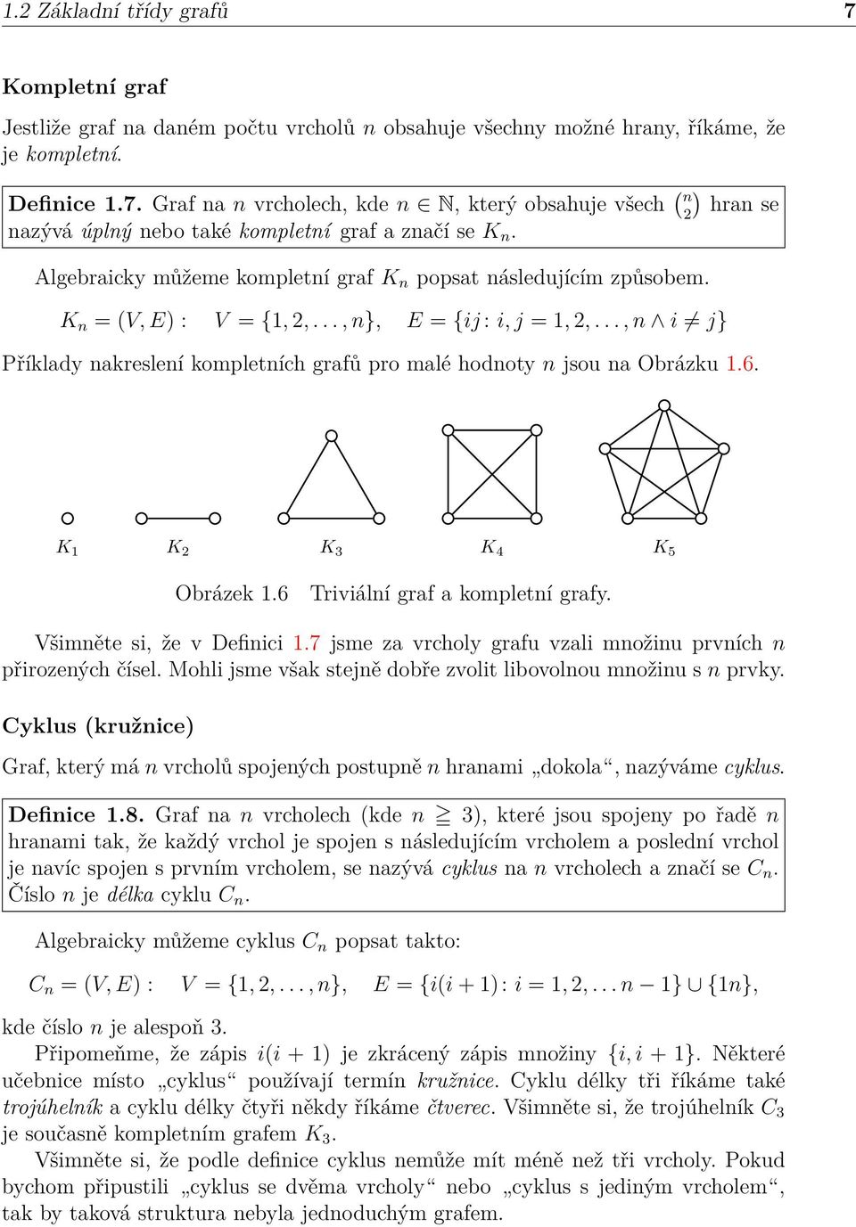 .., n i j} Příklady nakreslení kompletních grafů pro malé hodnoty n jsou na Obrázku 1.6. K 1 K 2 K 3 K 4 K 5 Obrázek 1.6 Triviální graf a kompletní grafy. Všimněte si, že v Definici 1.