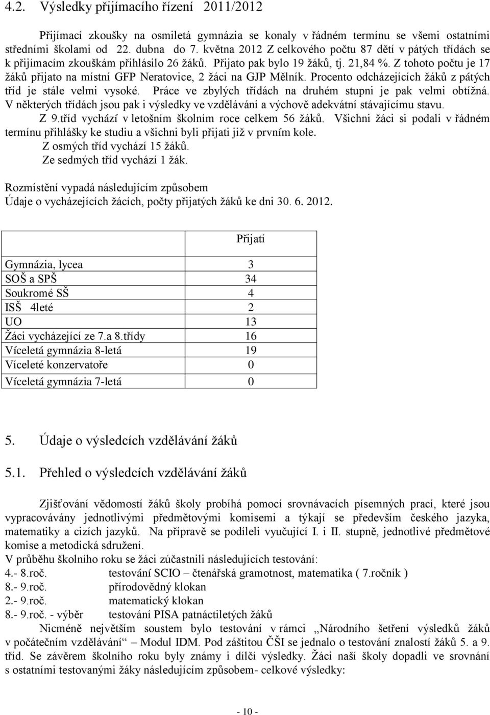 Z tohoto počtu je 17 žáků přijato na místní GFP Neratovice, 2 žáci na GJP Mělník. Procento odcházejících žáků z pátých tříd je stále velmi vysoké.