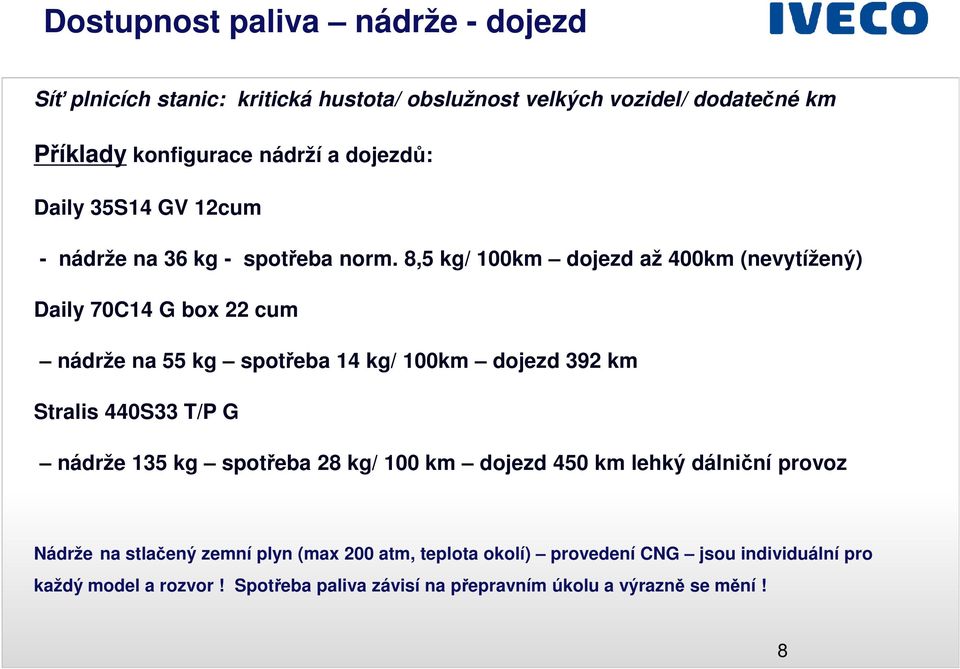 8,5 kg/ 100km dojezd až 400km (nevytížený) Daily 70C14 G box 22 cum nádrže na 55 kg spotřeba 14 kg/ 100km dojezd 392 km Stralis 440S33 T/P G nádrže