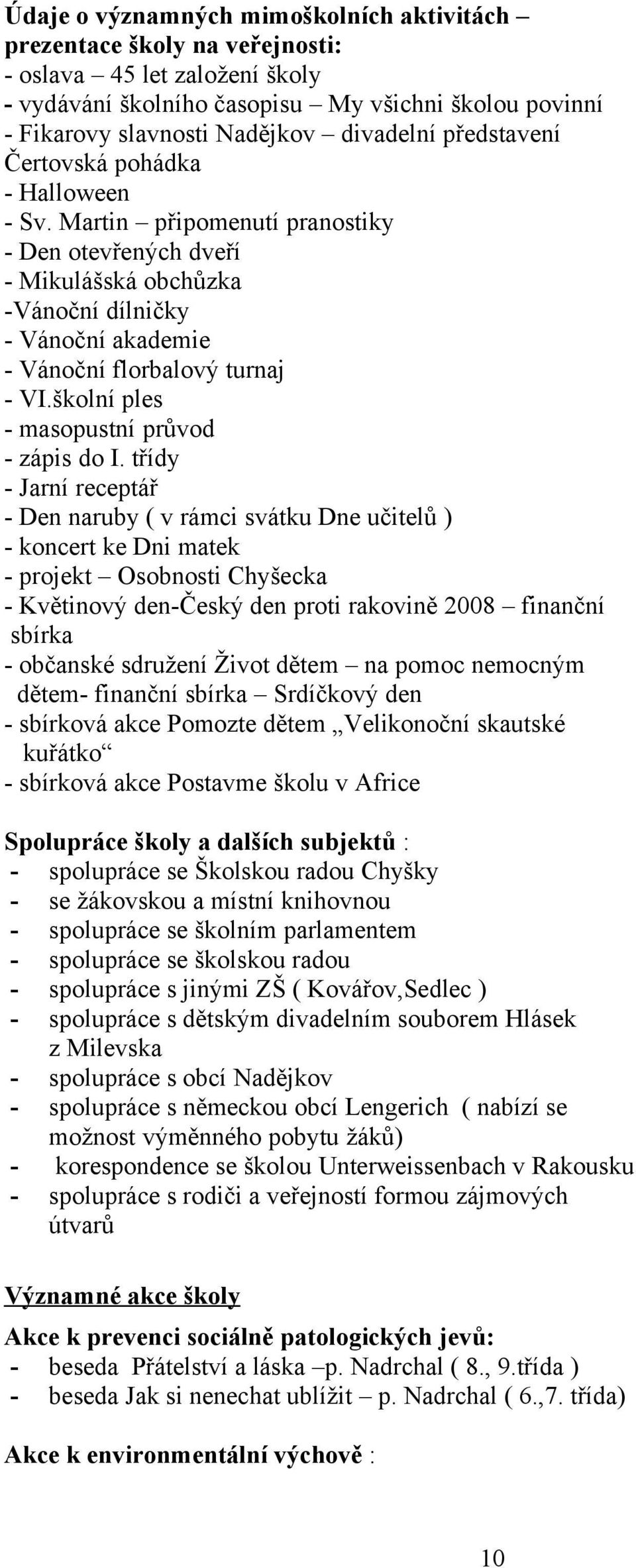 Martin připomenutí pranostiky - Den otevřených dveří - Mikulášská obchůzka -Vánoční dílničky - Vánoční akademie - Vánoční florbalový turnaj - VI.školní ples - masopustní průvod - zápis do I.