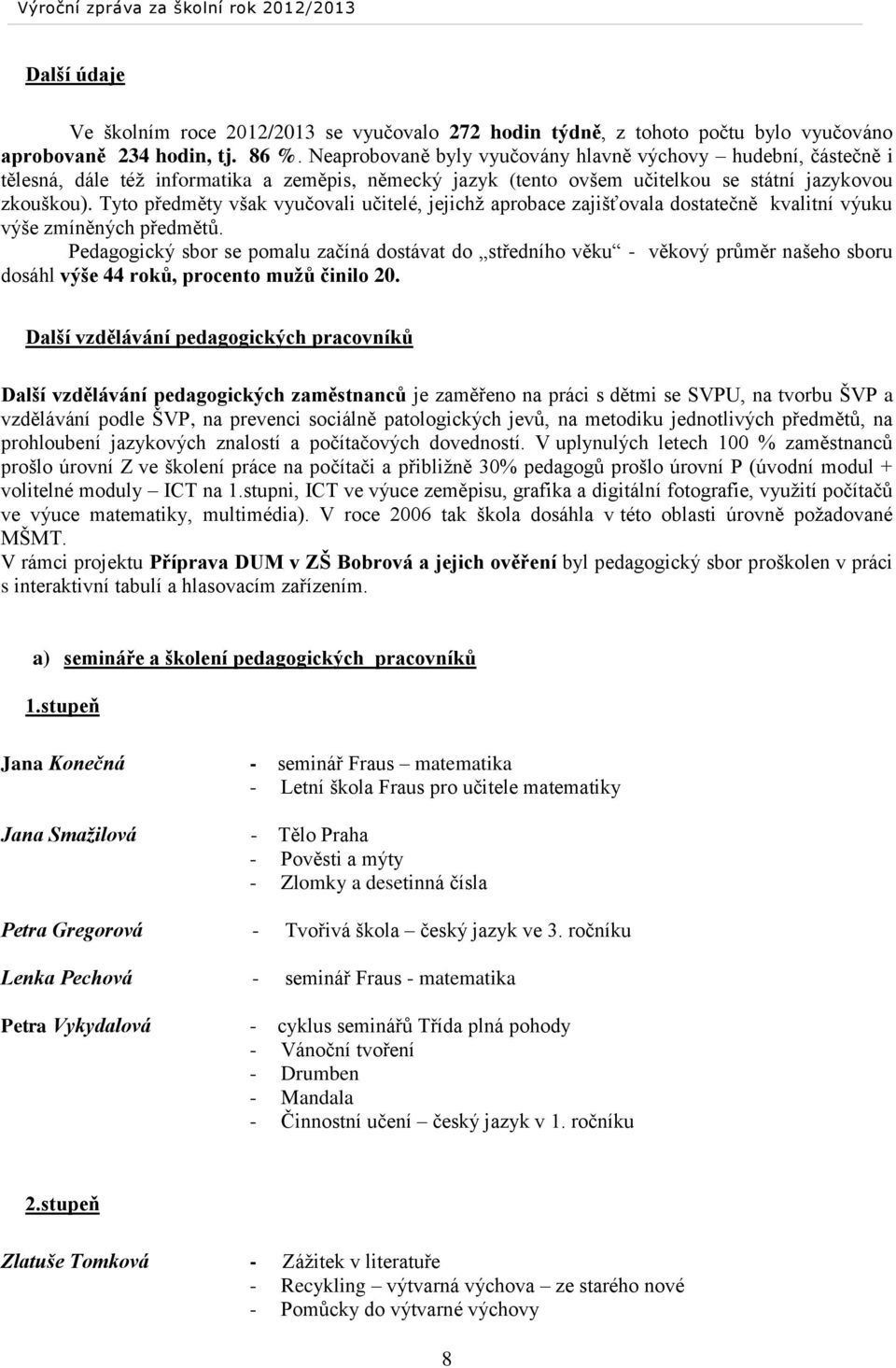 Tyto předměty však vyučovali učitelé, jejichž aprobace zajišťovala dostatečně kvalitní výuku výše zmíněných předmětů.