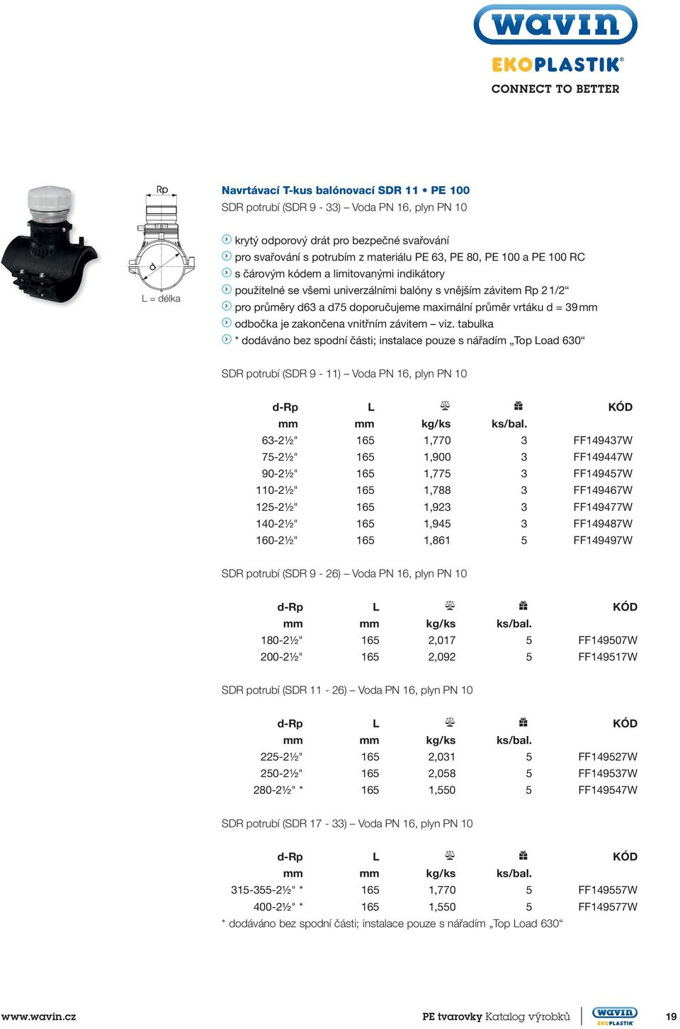 vnitřním.závitem..viz..tabulka..*.dodáváno.bez.spodní.části;.instalace.pouze.s nářadím. Top.Load.630 SDR potrubí (SDR 9-11) Voda PN 16, plyn PN 10 d-rp L kg/ks ks/bal...63-2½" 165 1,770 3 FF149437W.
