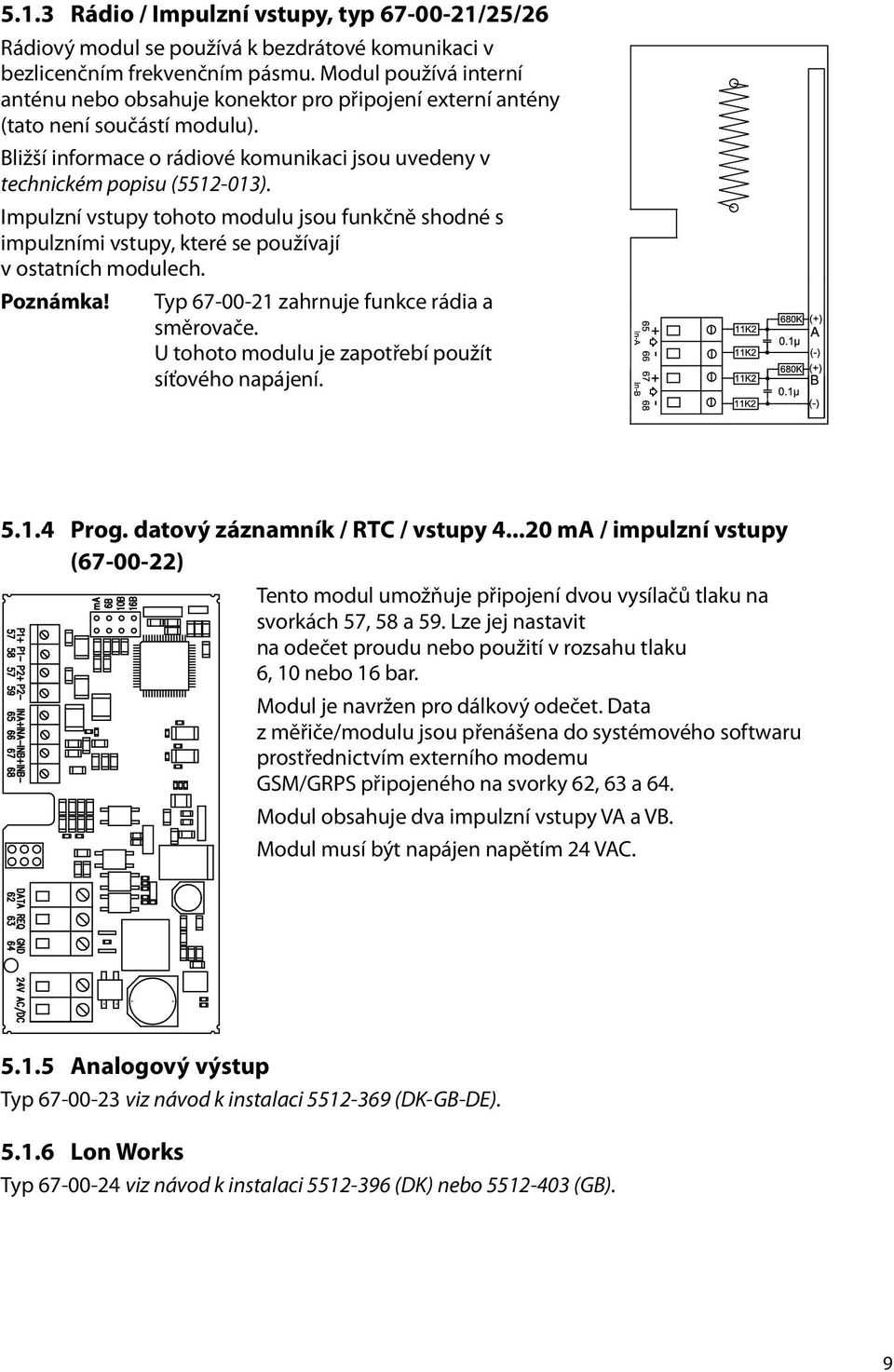 Impulzní vstupy tohoto modulu jsou funkčně shodné s impulzními vstupy, které se používají v ostatních modulech. Poznámka! Typ 67-00-21 zahrnuje funkce rádia a směrovače.