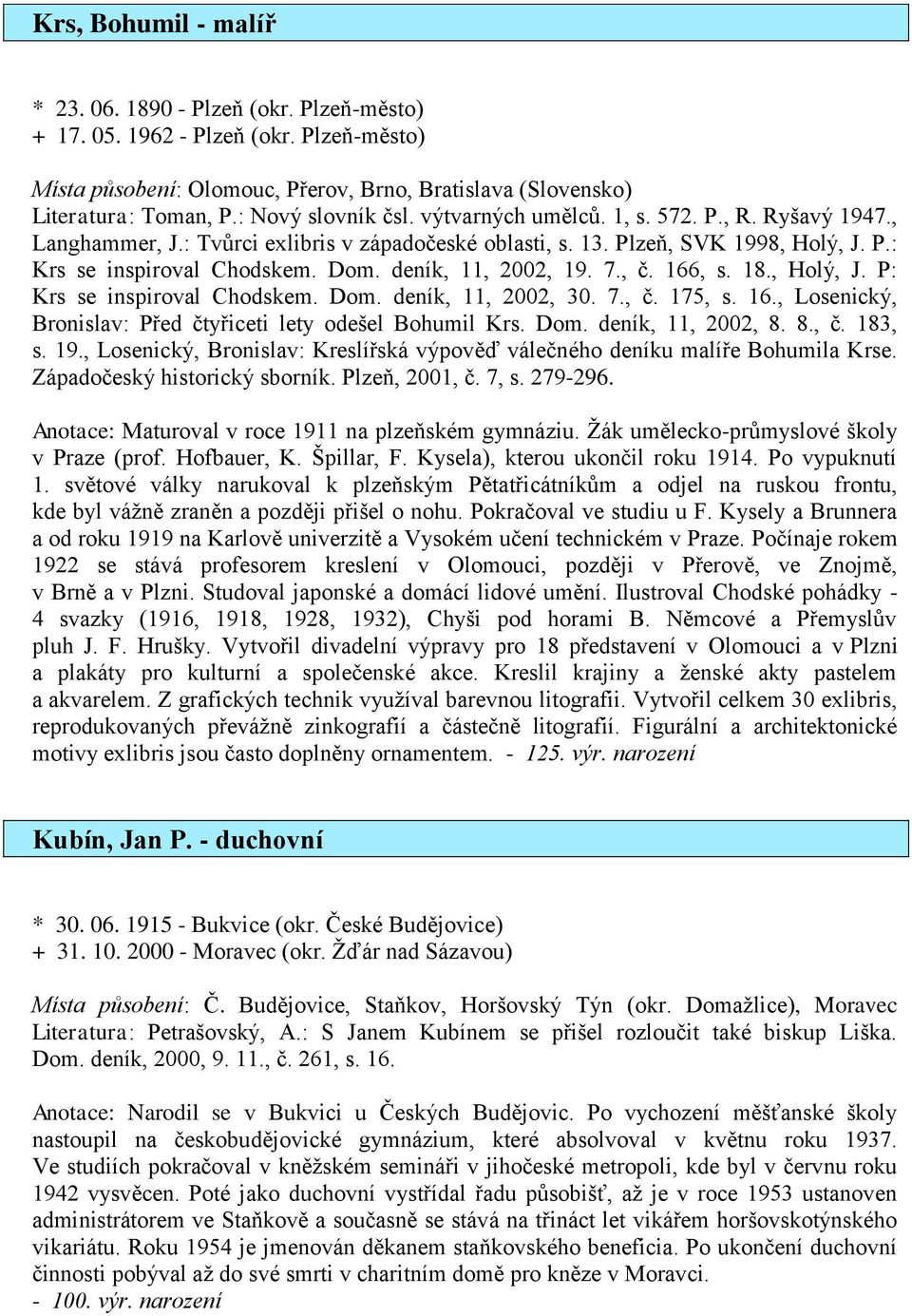 deník, 11, 2002, 19. 7., č. 166, s. 18., Holý, J. P: Krs se inspiroval Chodskem. Dom. deník, 11, 2002, 30. 7., č. 175, s. 16., Losenický, Bronislav: Před čtyřiceti lety odešel Bohumil Krs. Dom. deník, 11, 2002, 8.