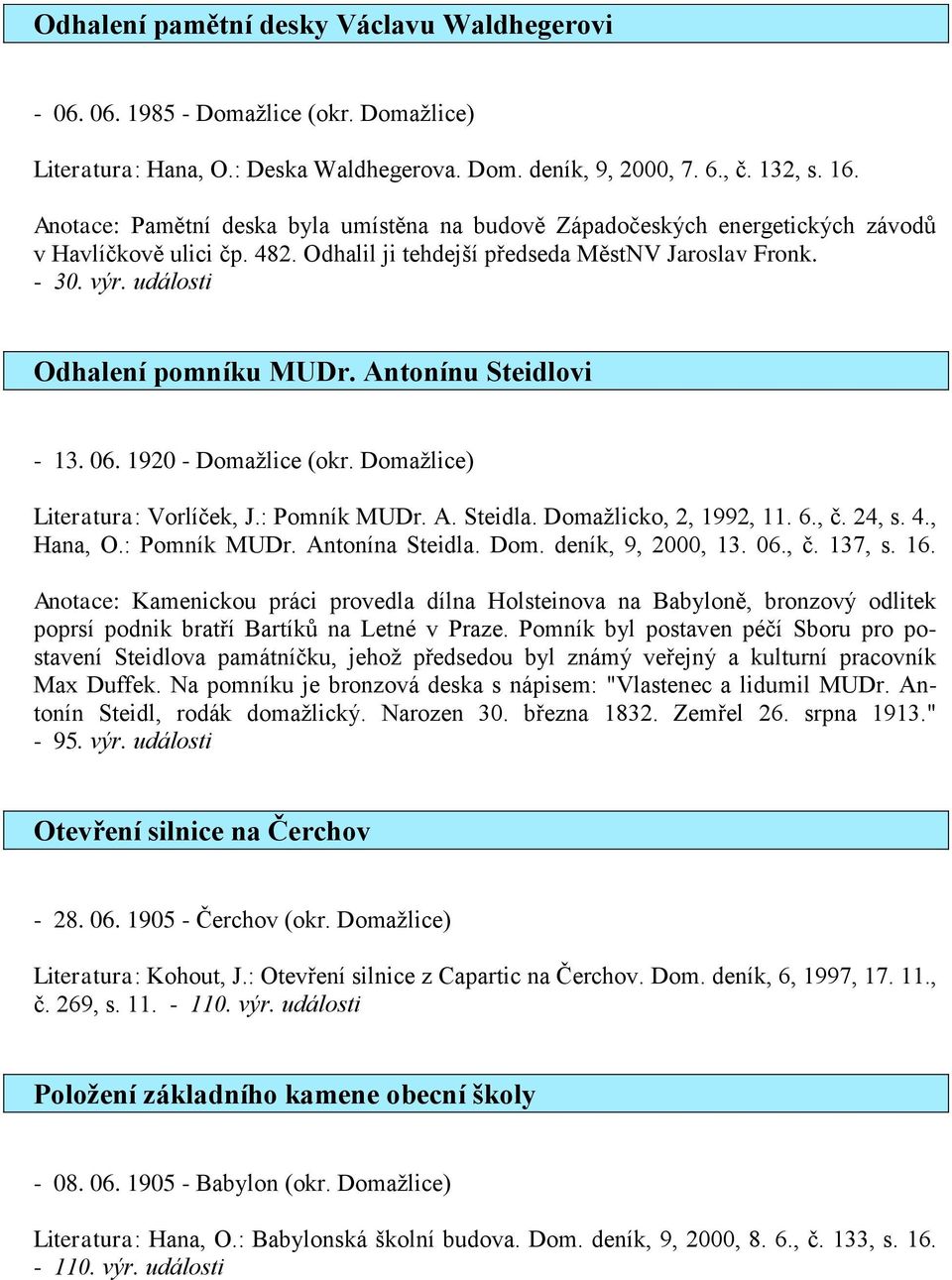 události Odhalení pomníku MUDr. Antonínu Steidlovi - 13. 06. 1920 - Domažlice (okr. Domažlice) Literatura: Vorlíček, J.: Pomník MUDr. A. Steidla. Domažlicko, 2, 1992, 11. 6., č. 24, s. 4., Hana, O.